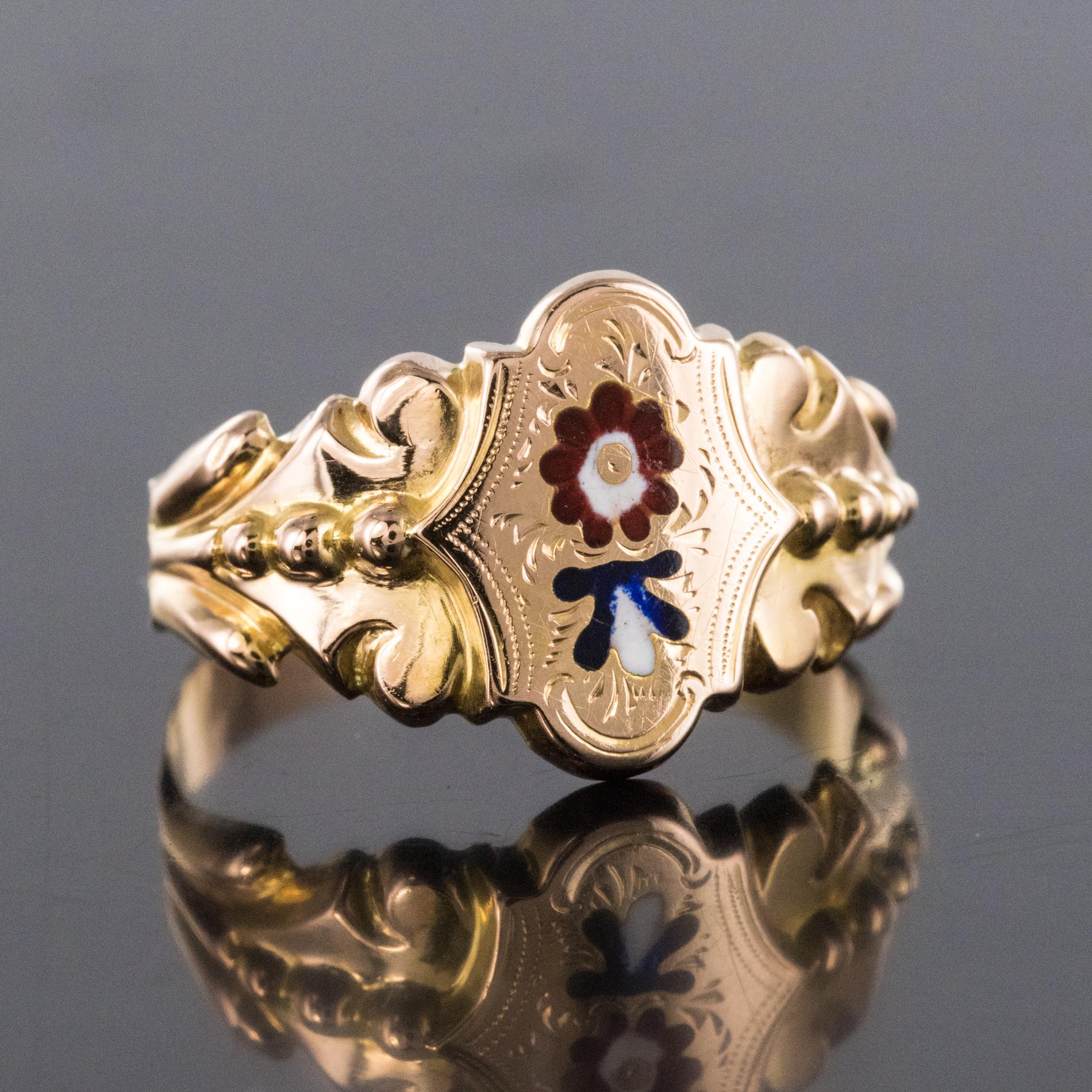 French 19th Century Napoleon 3 Enamelled 18 Karat Rose Gold Unisex Ring 1