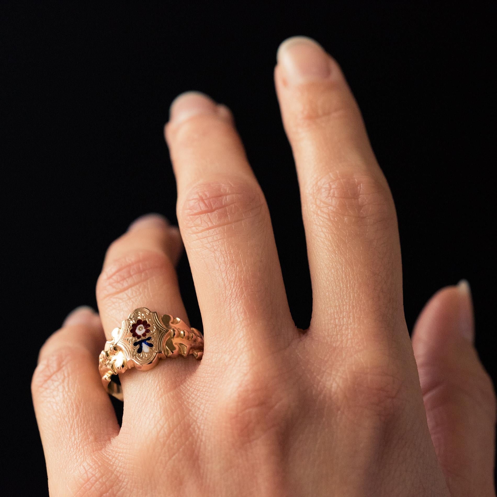 French 19th Century Napoleon 3 Enamelled 18 Karat Rose Gold Unisex Ring 2