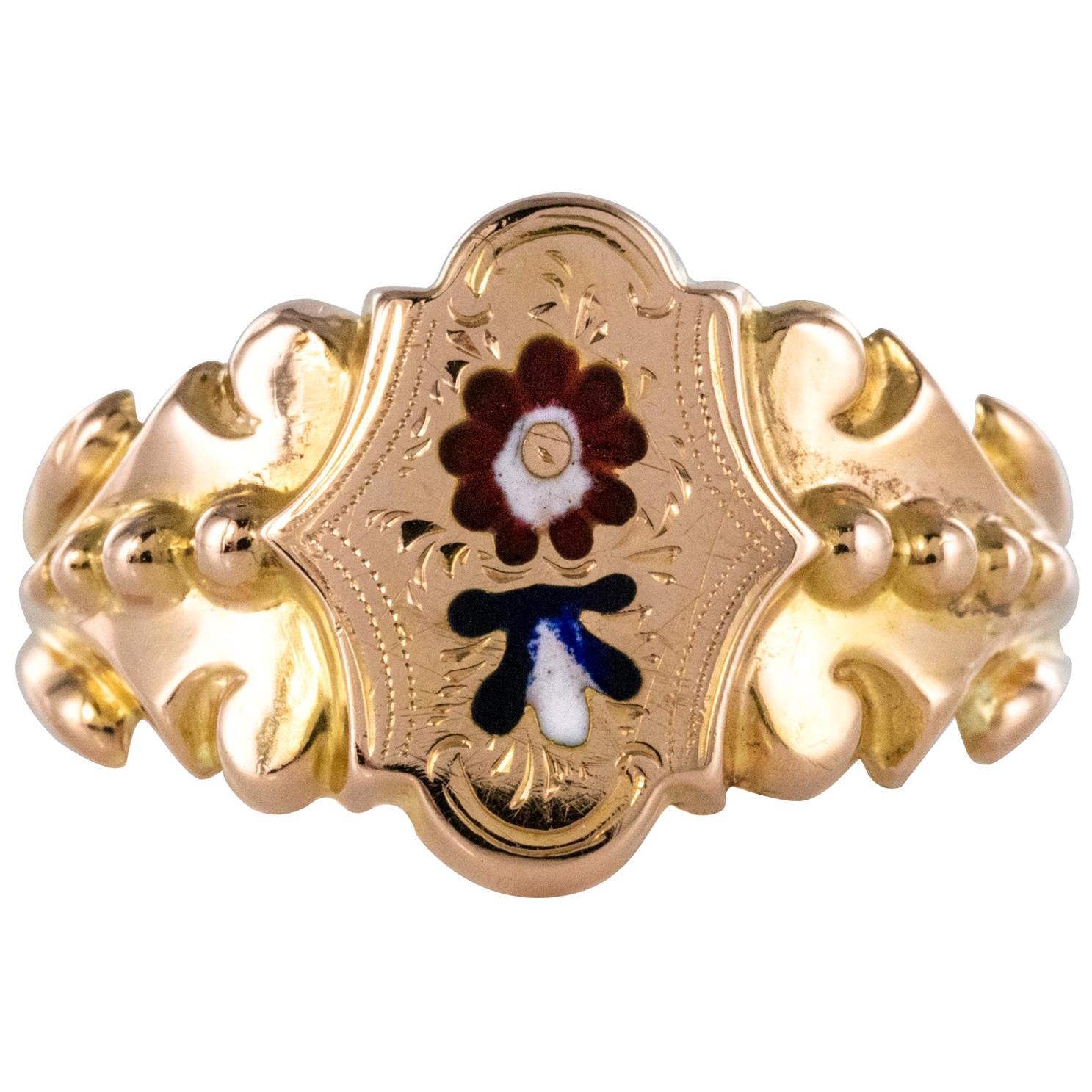 French 19th Century Napoleon 3 Enamelled 18 Karat Rose Gold Unisex Ring