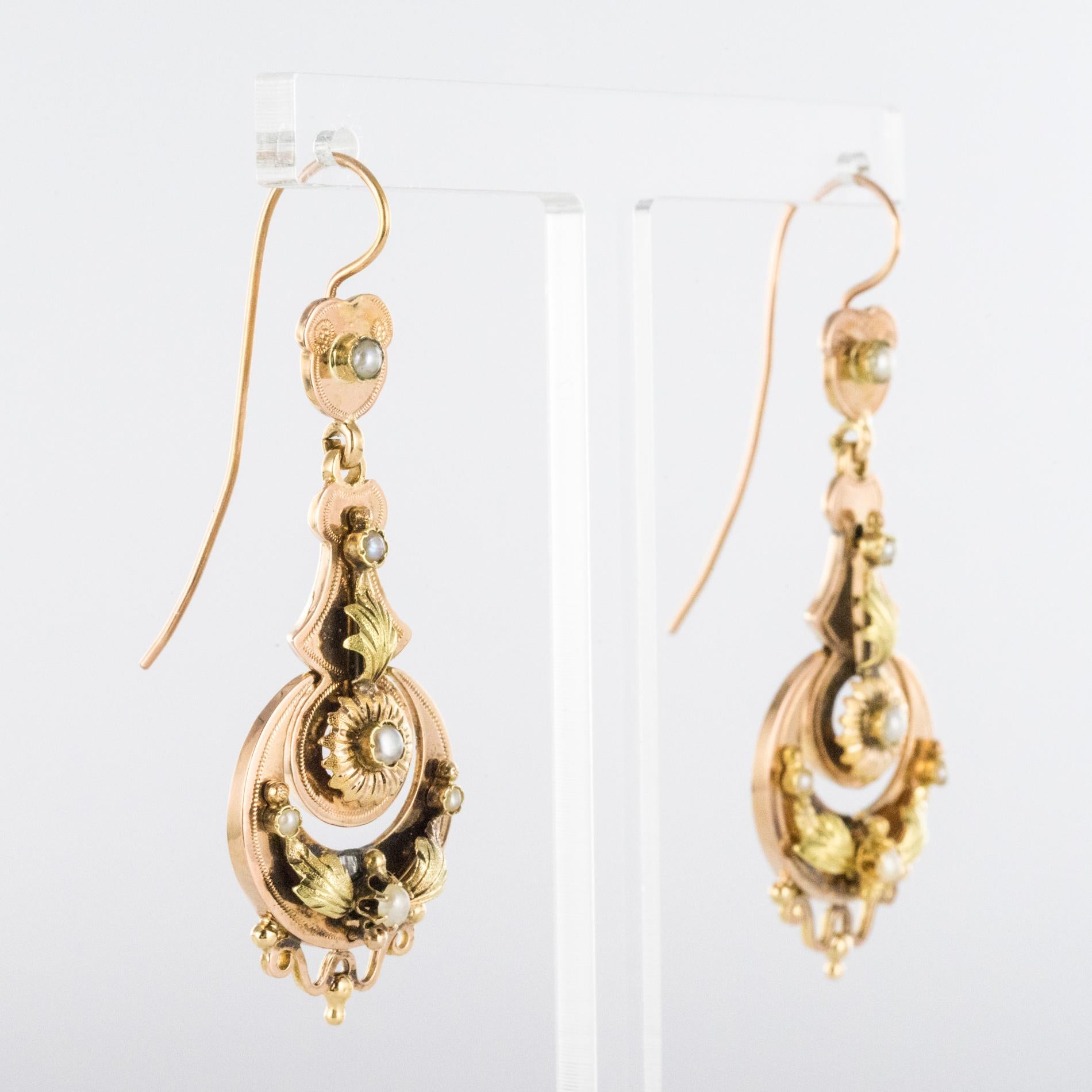 French 19th Century Napoleon 3 Natural Pearl Gold Dangle Earrings 1