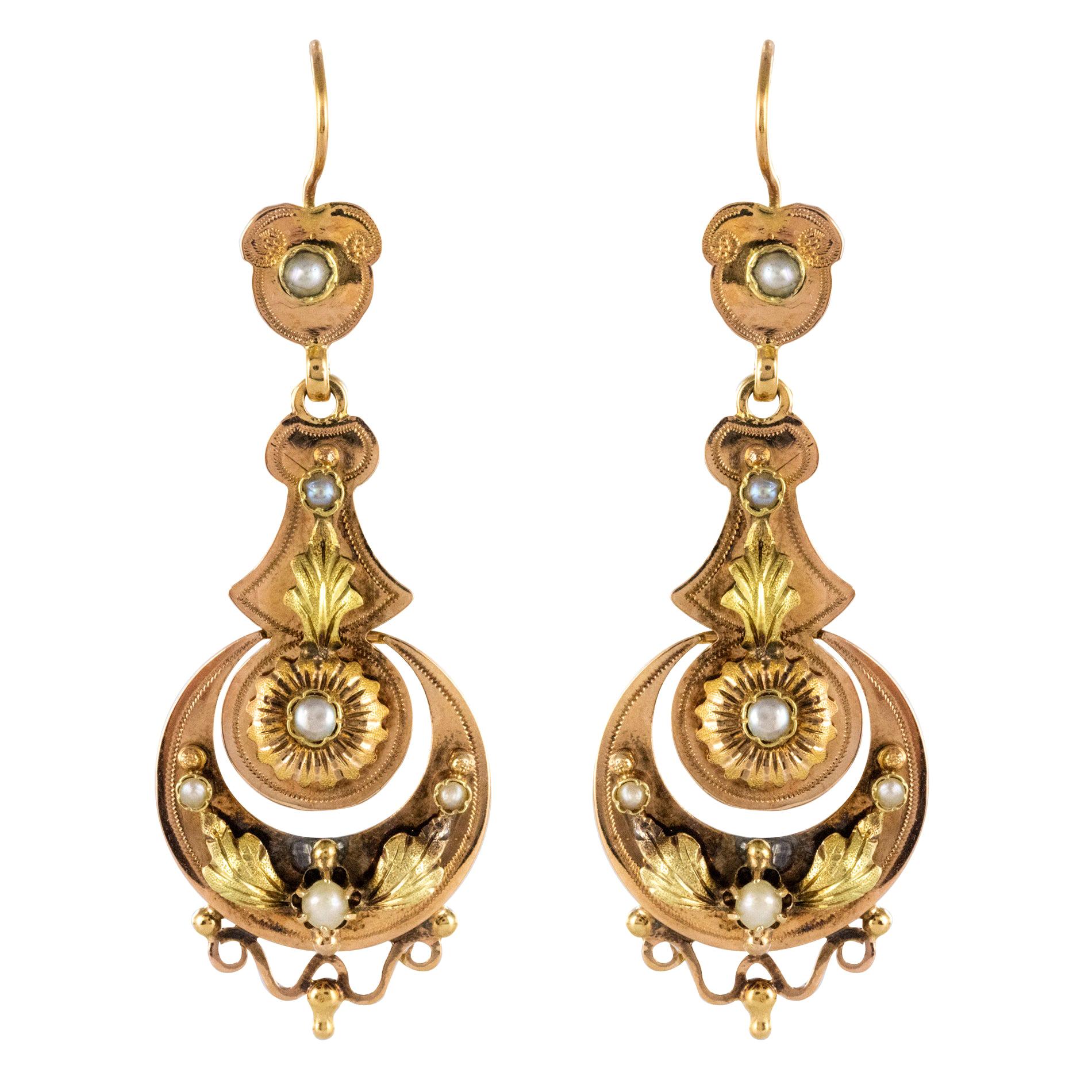 French 19th Century Napoleon 3 Natural Pearl Gold Dangle Earrings