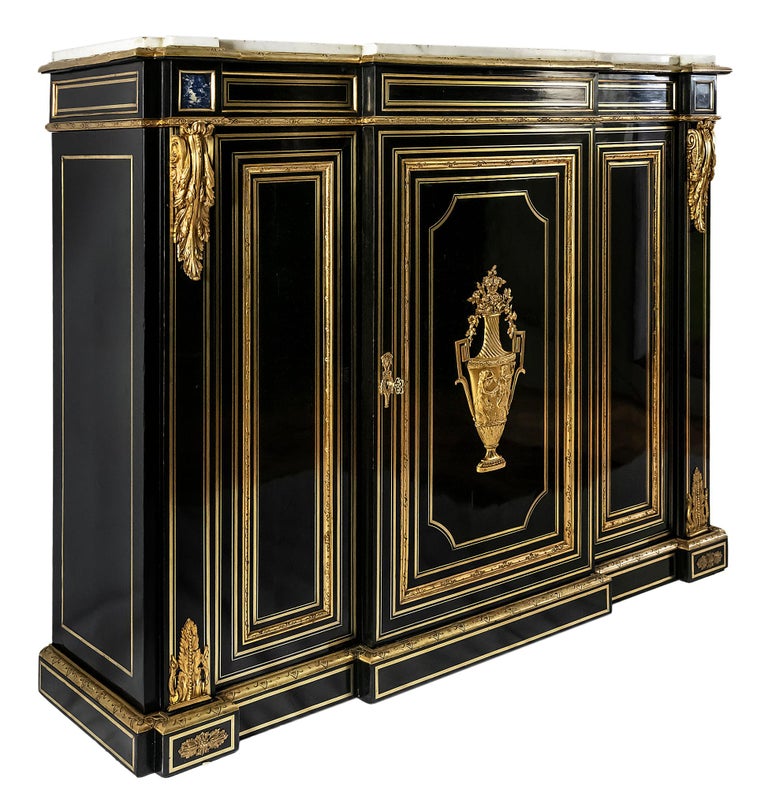 French antique Napoleon III cabinet.
Wood is black color polished surface, decorated with inlaid brass stripes, bronze details ourside and natural stone lazurite.
Inside the cabinet there are two shelves.
Cabinet top is marble.
This cabinet is