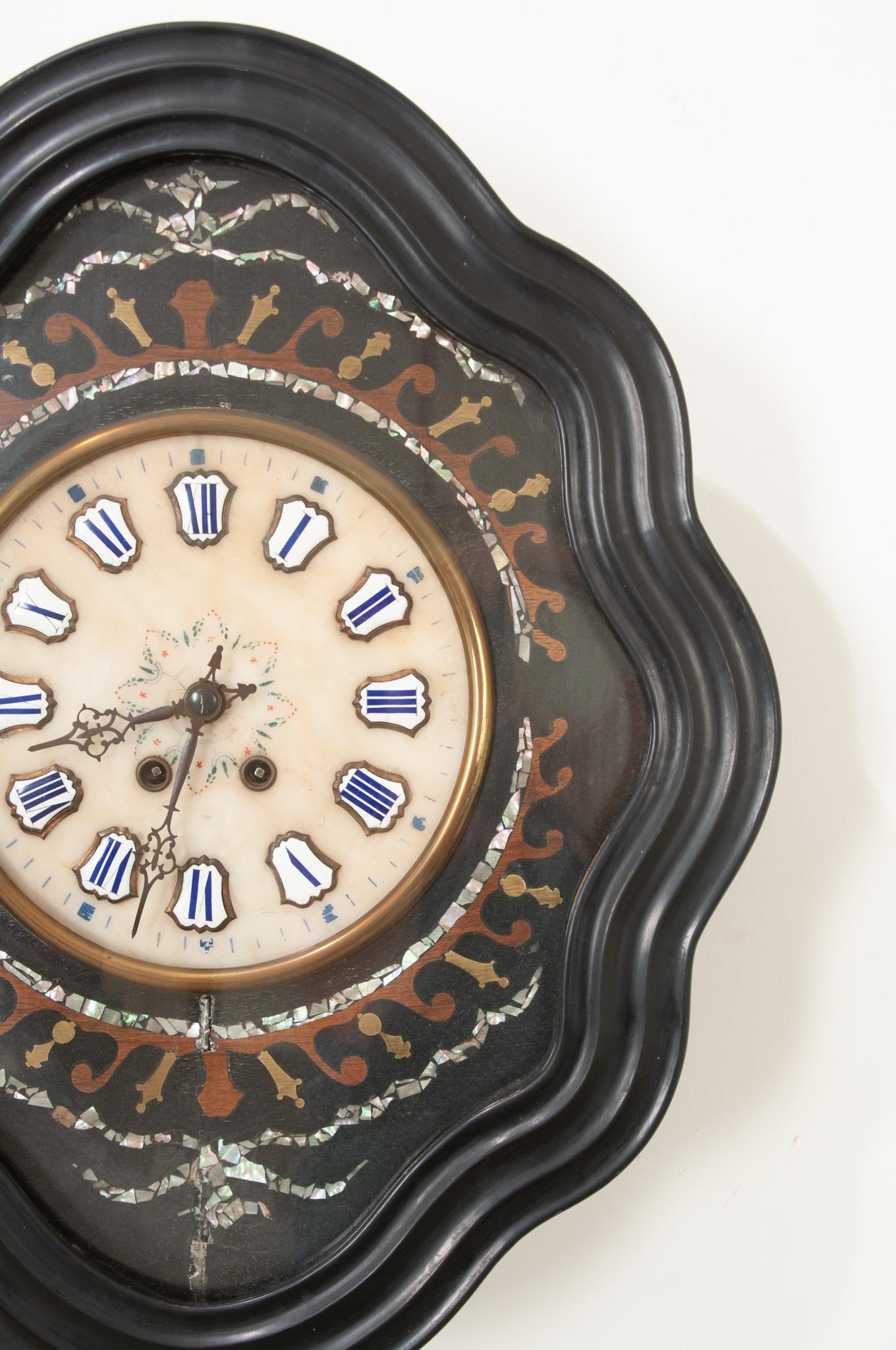 Brass French 19th Century Napoleon III Mother of Pearl Inlay Wall Clock For Sale