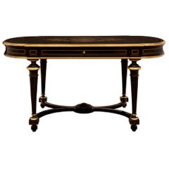 Antique French 19th Century Napoleon III Period Ebony and Brass Inlaid Desk