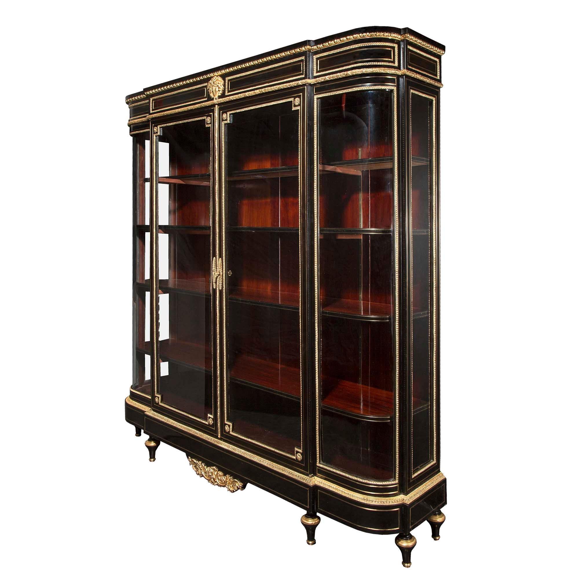 French 19th Century Napoleon III Period Ebony, Brass and Ormolu Boulle Vitrine In Good Condition For Sale In West Palm Beach, FL