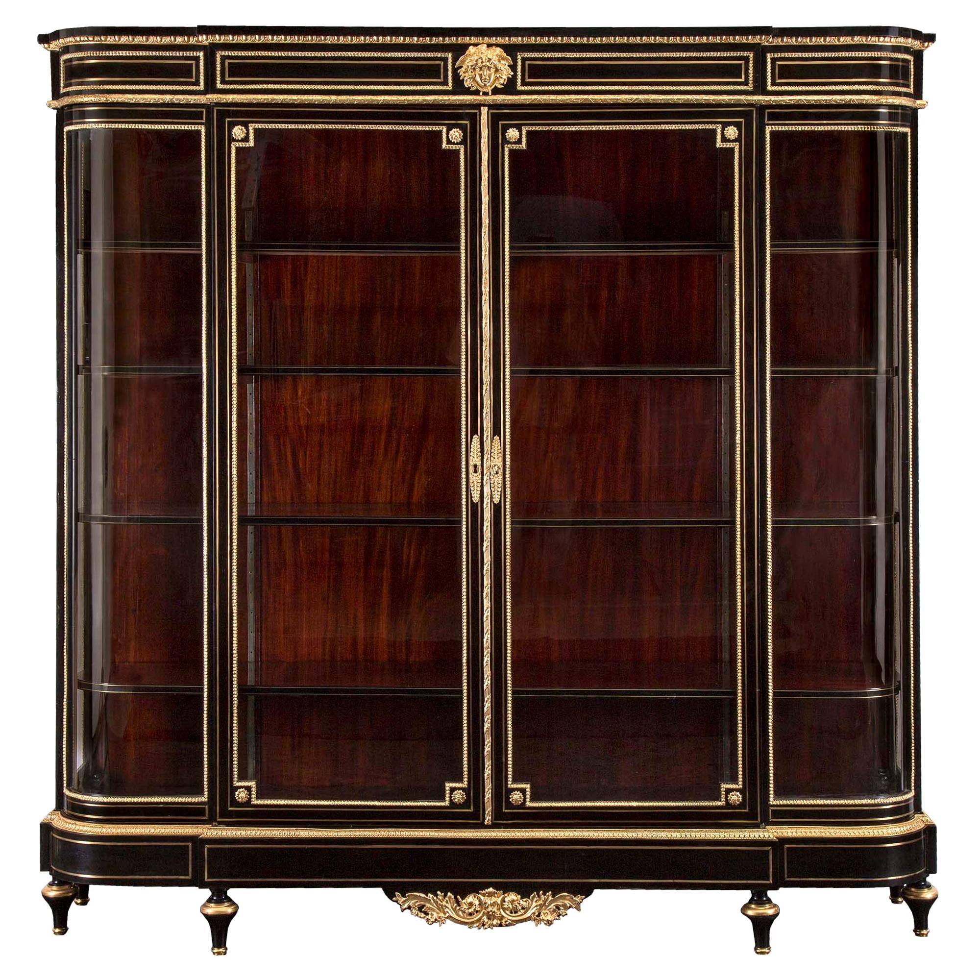 French 19th Century Napoleon III Period Ebony, Brass and Ormolu Boulle Vitrine For Sale