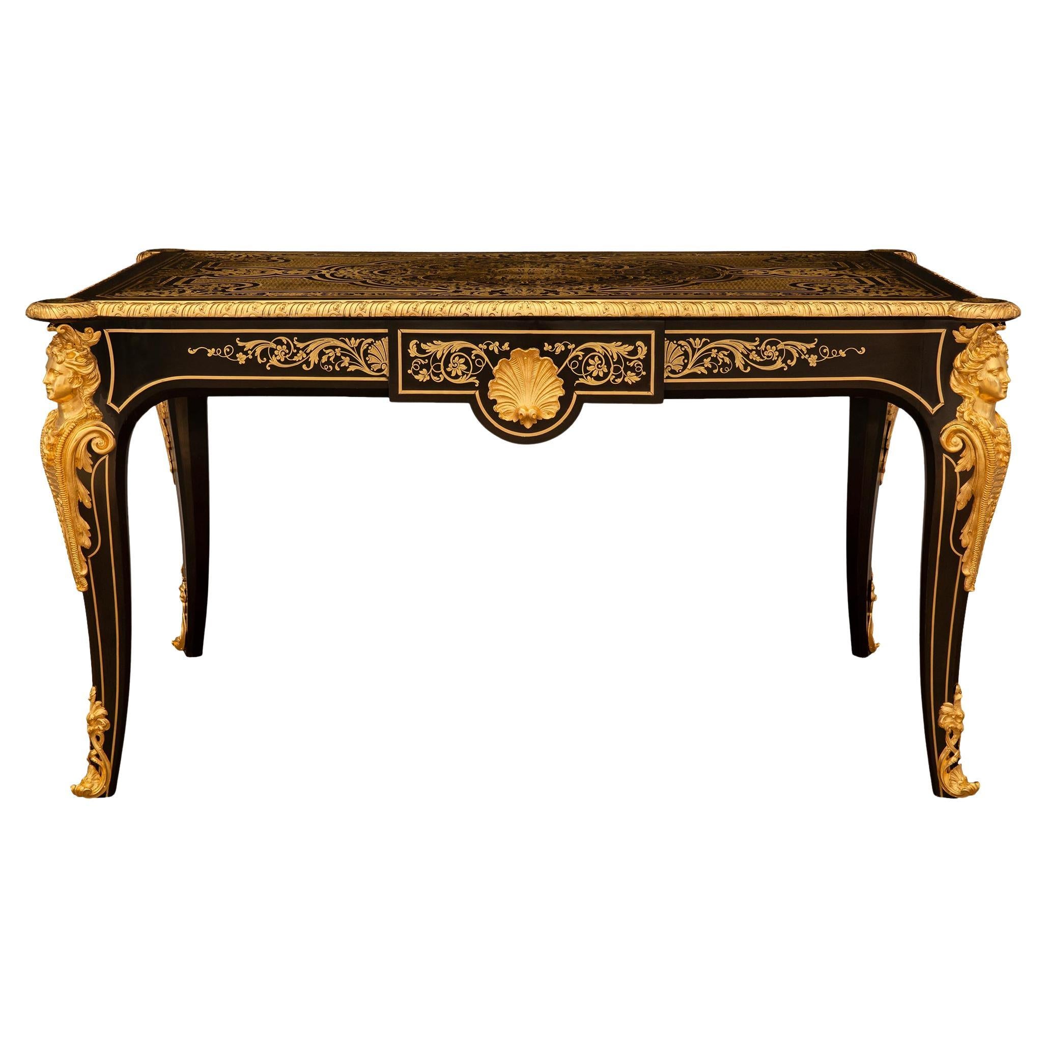 French 19th century Napoleon III Period Ebony, Brass and Ormolu desk