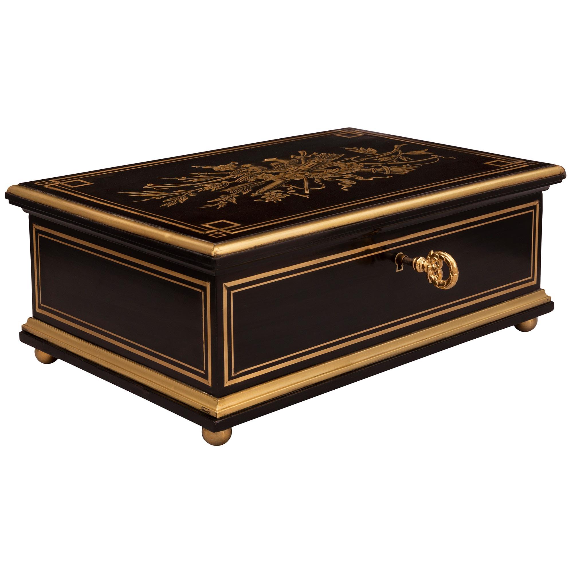 French 19th Century Napoleon III Period Ebony, Ormolu, and Brass Box For Sale 1