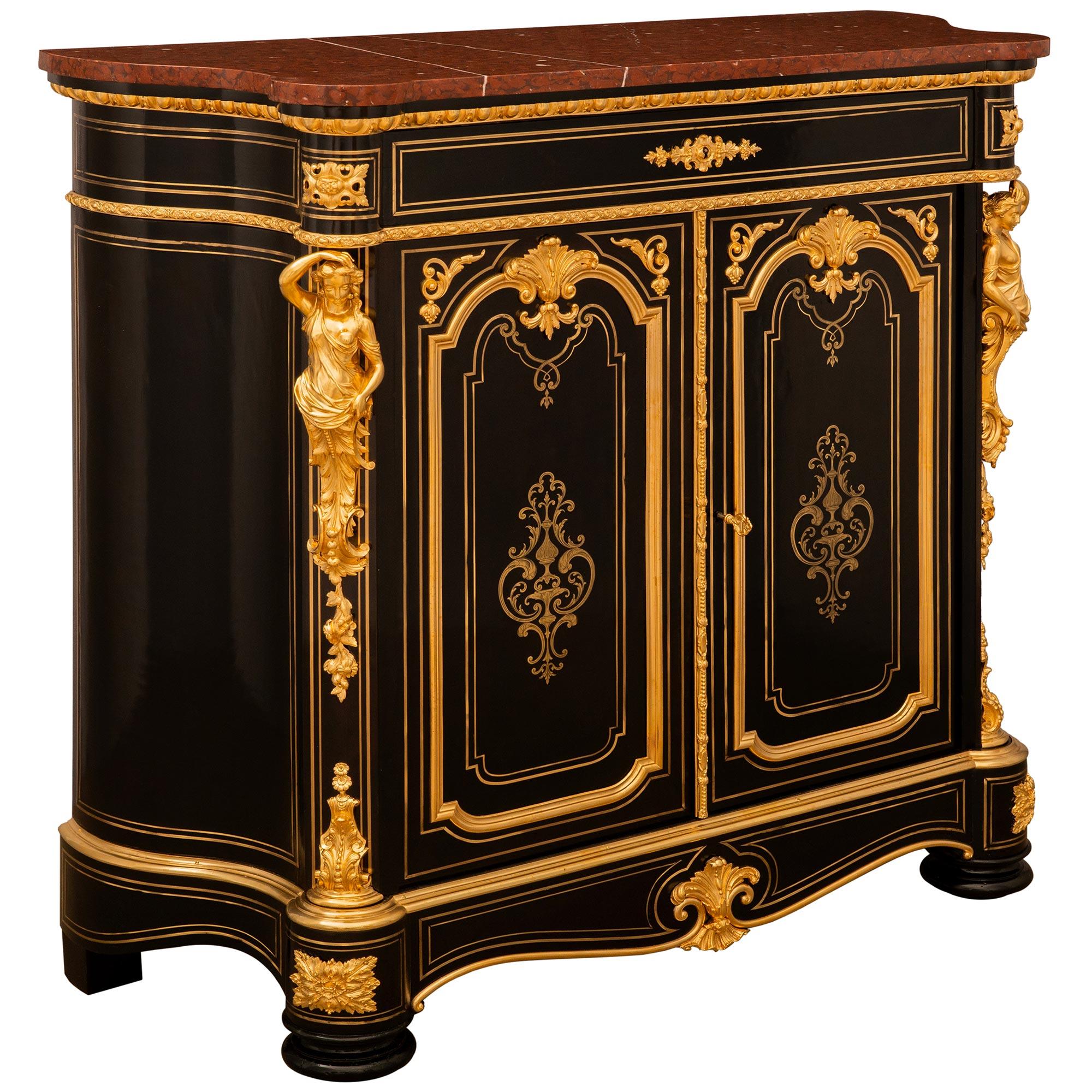 French 19th century Napoleon III Period Ebony, Ormolu and marble cabinet In Good Condition For Sale In West Palm Beach, FL
