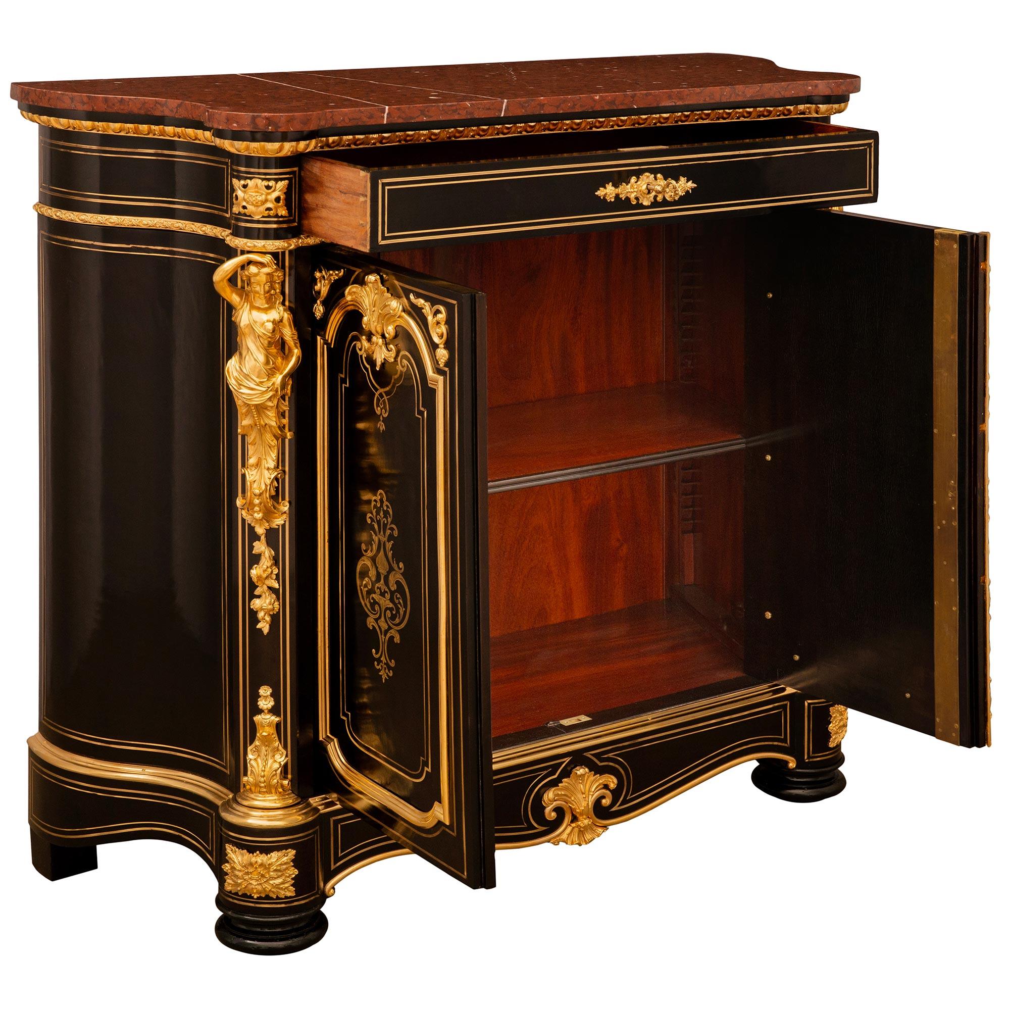 19th Century French 19th century Napoleon III Period Ebony, Ormolu and marble cabinet For Sale