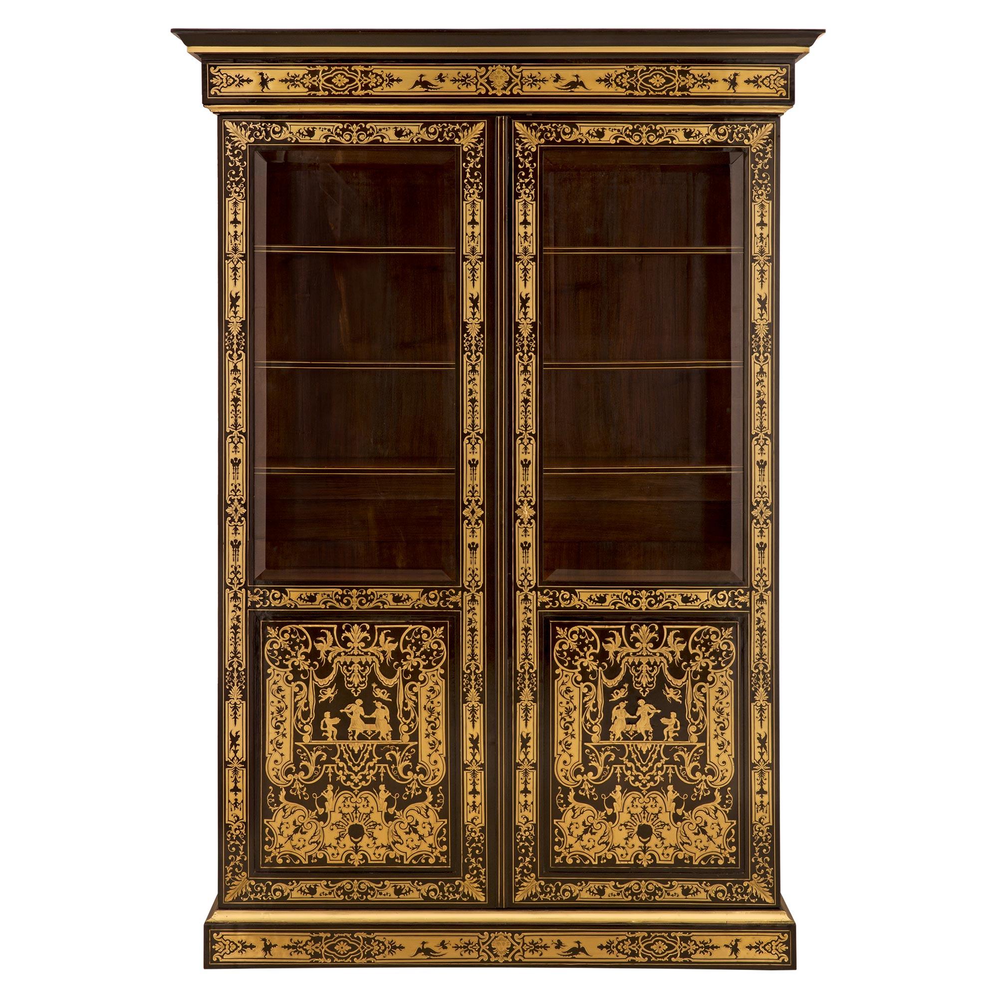 French 19th Century Napoleon III Period Ebony, Walnut and Brass Boulle Cabinet For Sale 8