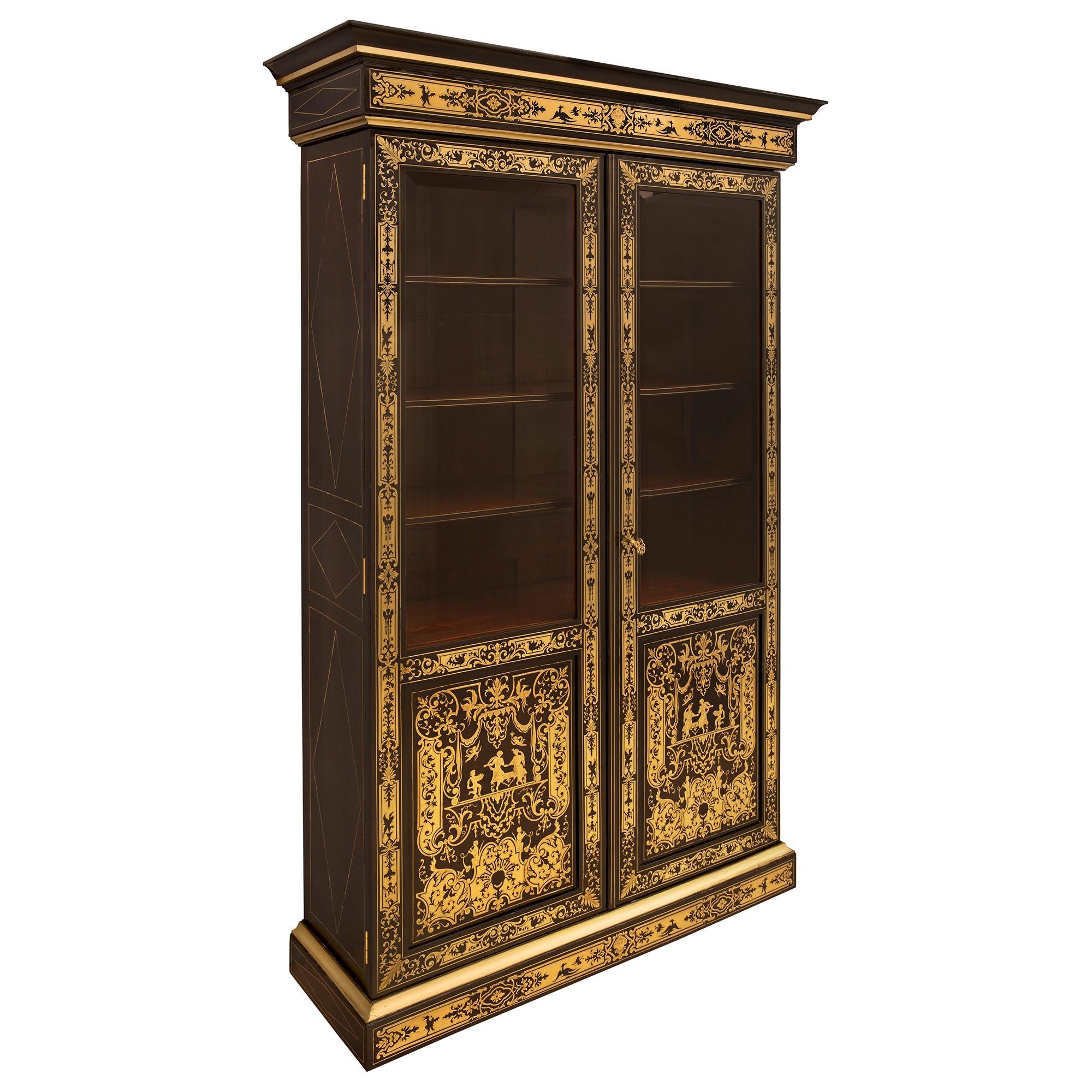 Louis XIV French 19th Century Napoleon III Period Ebony, Walnut and Brass Boulle Cabinet For Sale