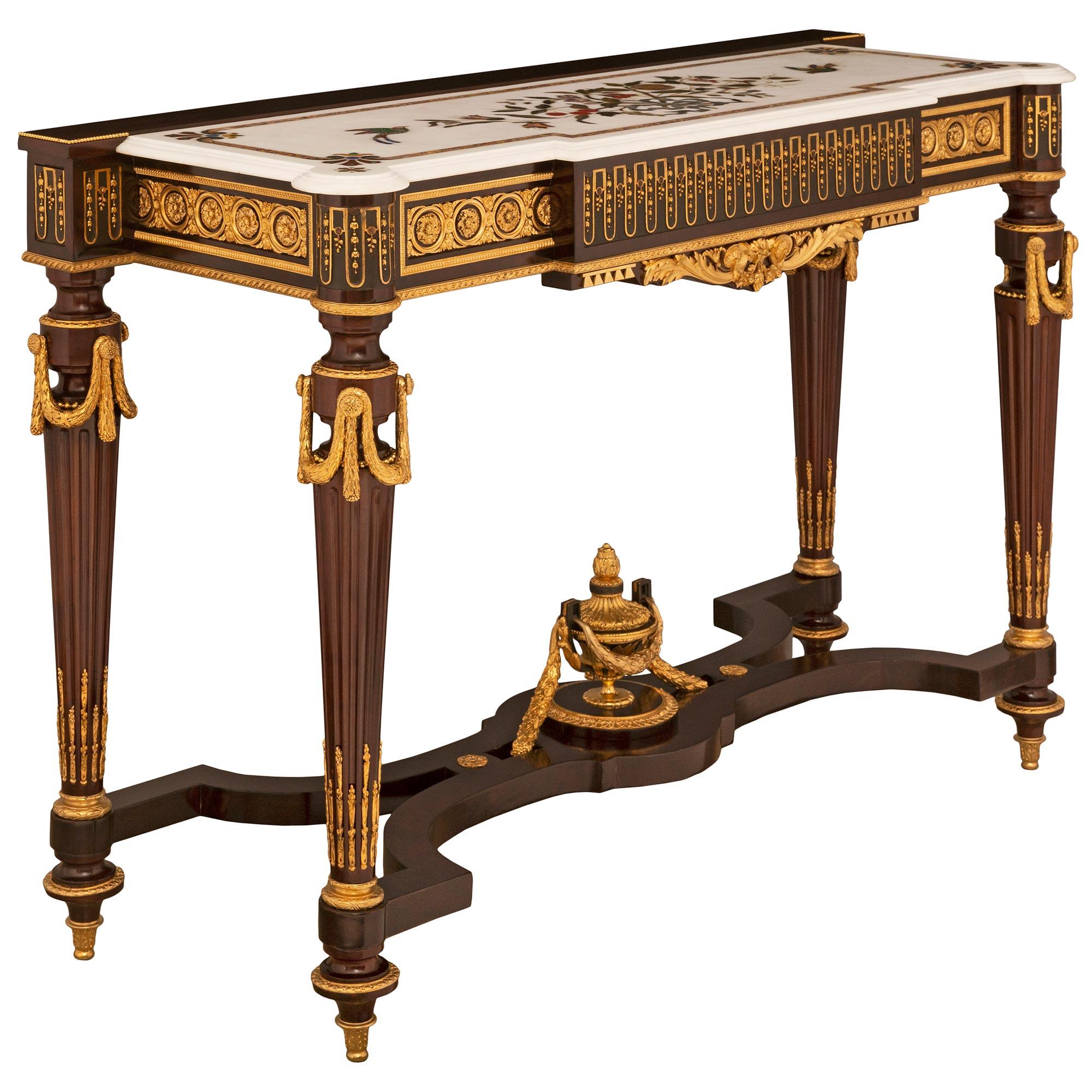 Louis XVI French 19th Century Napoleon III Period Mahogany, Ormolu and Marble Console For Sale