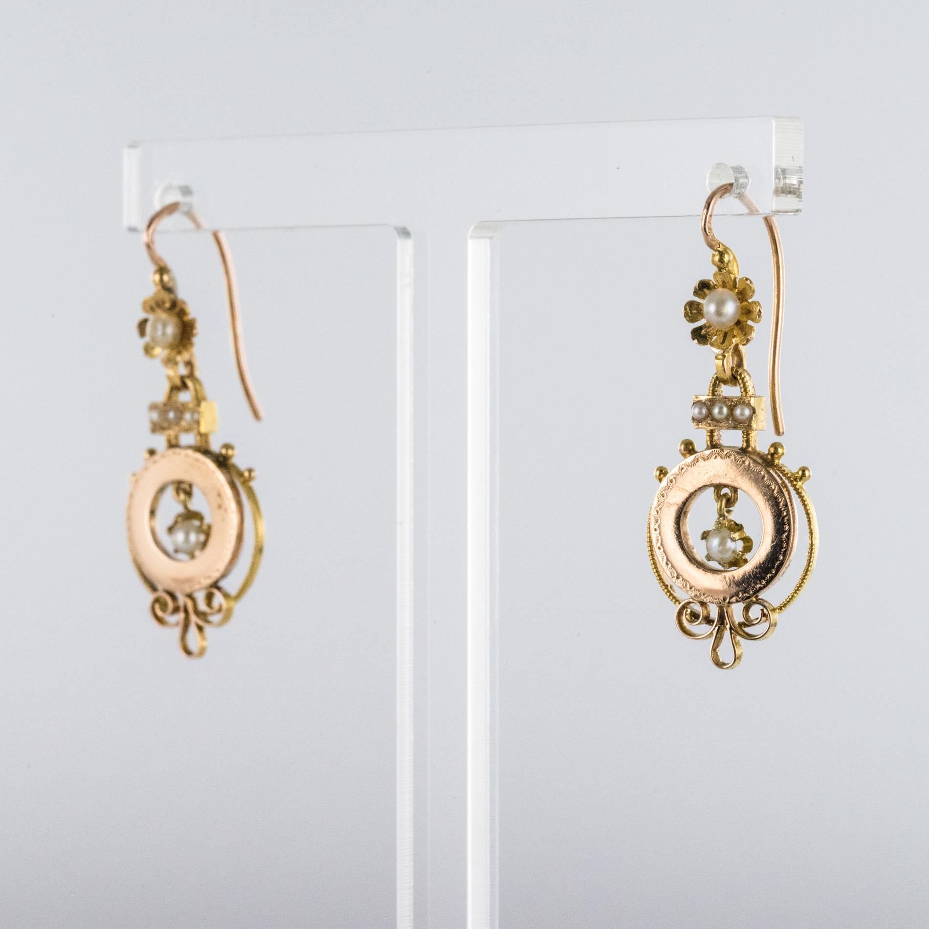 Napoleon III French 19th Century Natural Pearl 18 Karat Rose Gold Dangle Earrings
