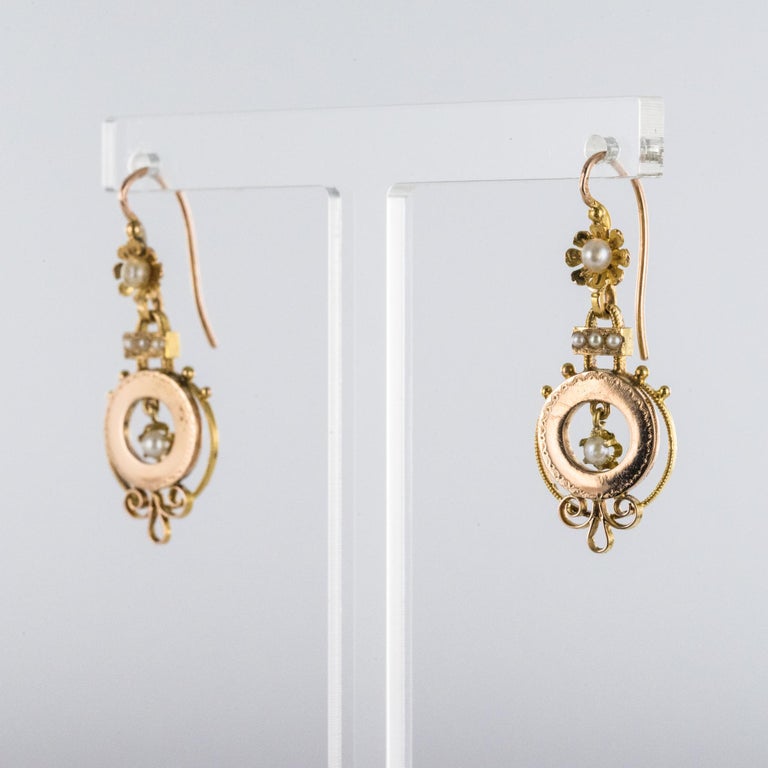 Napoleon III French 19th Century Natural Pearl 18 Karat Rose Gold Dangle Earrings For Sale