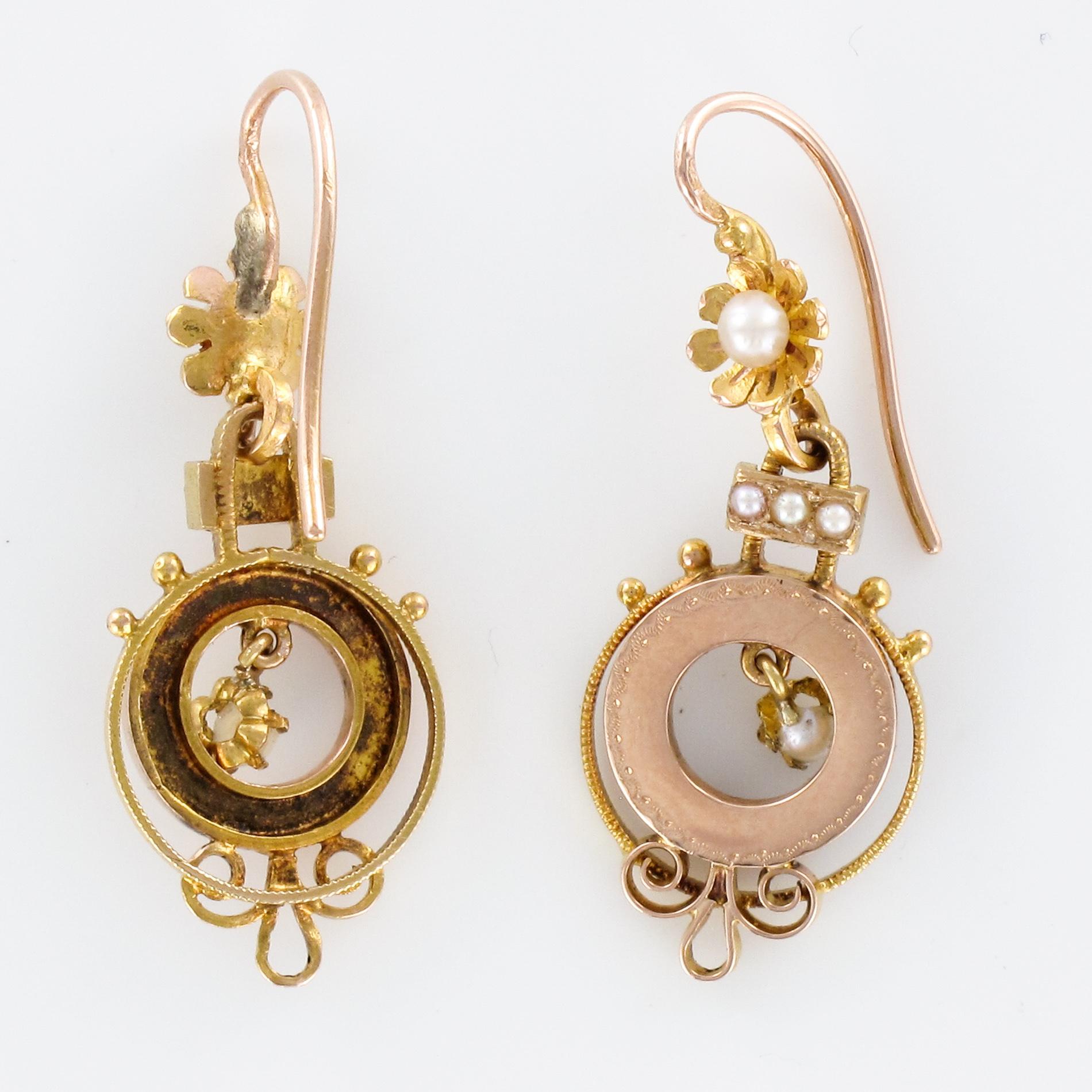 French 19th Century Natural Pearl 18 Karat Rose Gold Dangle Earrings 3