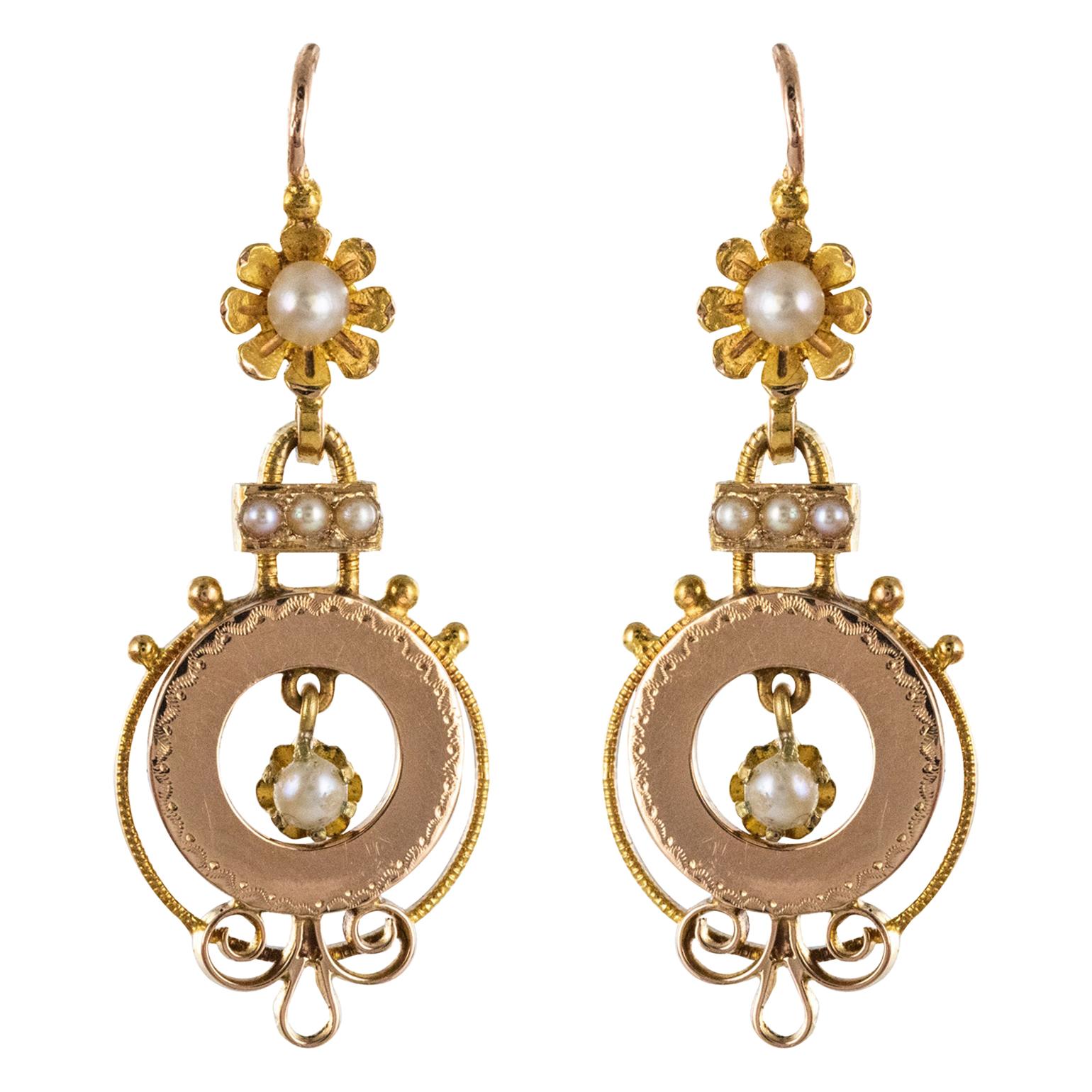French 19th Century Natural Pearl 18 Karat Rose Gold Dangle Earrings