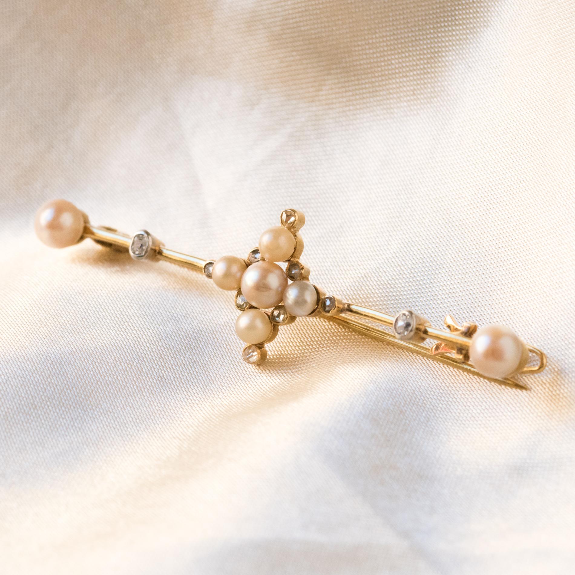 Natrliche Perlen-Anstecknadelbrosche aus 18 Karat Gelbgold aus dem 19. Jahrhundert im Angebot 2