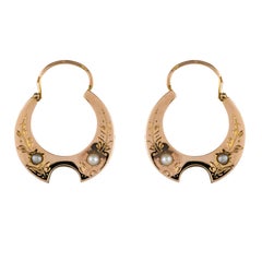 French 19th Century Natural Pearl 18 Karat Rose Gold Hoop Earrings