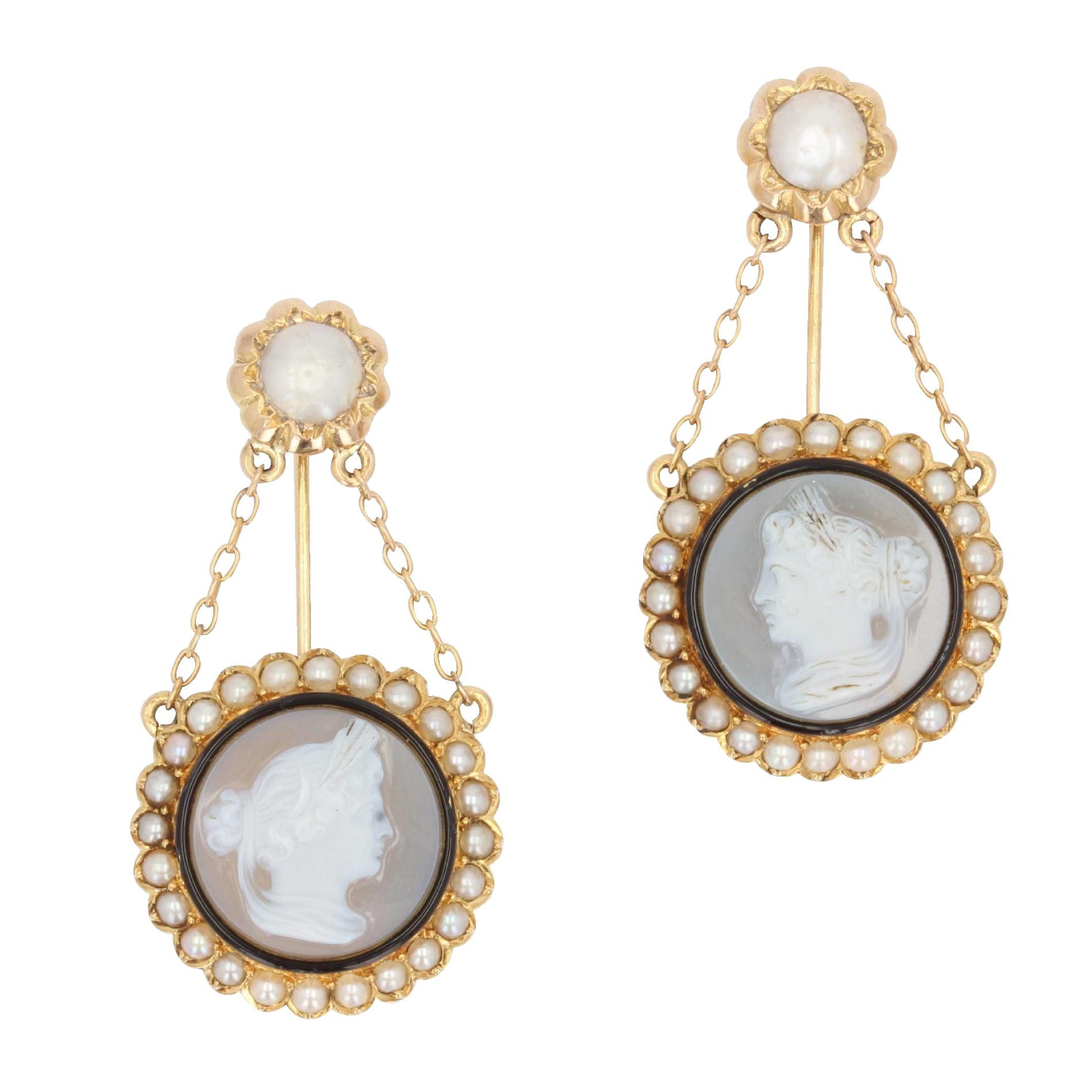 French 19th Century Natural Pearl Agate Cameo Dress Brooches