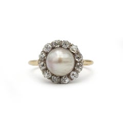 French 19th Century Natural Pearl and Old-Cut Diamond Ring in 18K Gold