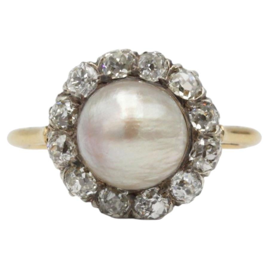 French 19th Century Natural Pearl and Old-Cut Diamond Ring in 18K Gold