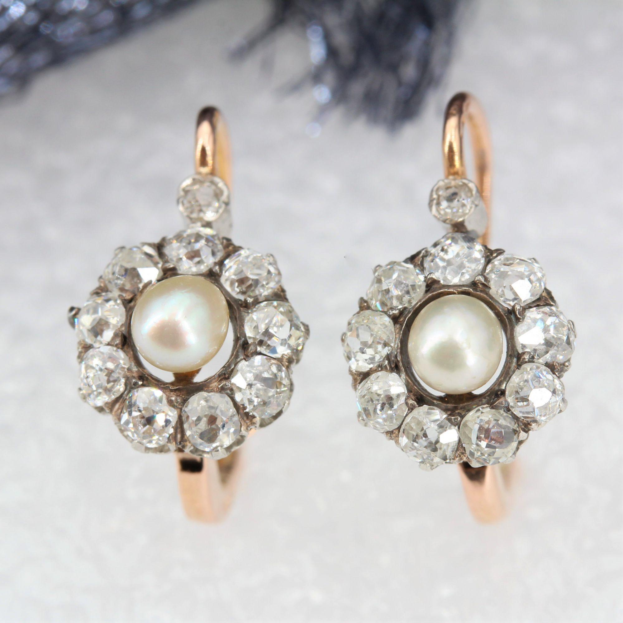 Napoleon III French 19th Century Natural Pearl Diamond 18 Karat Rose Gold Lever-Back Earrings