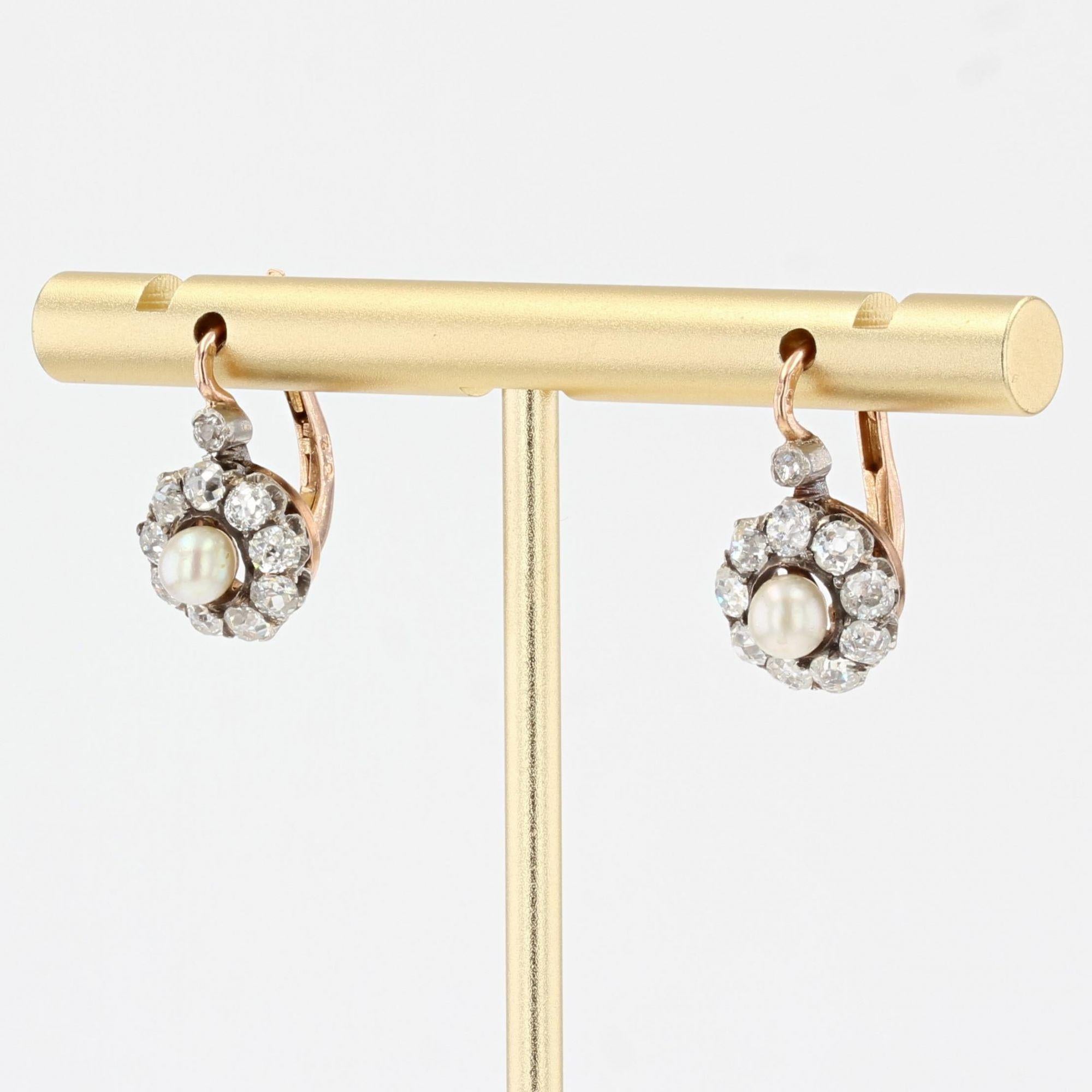 Brilliant Cut French 19th Century Natural Pearl Diamond 18 Karat Rose Gold Lever-Back Earrings