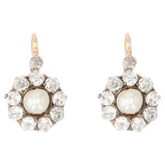 French 19th Century Natural Pearl Diamond 18 Karat Rose Gold Lever-Back Earrings