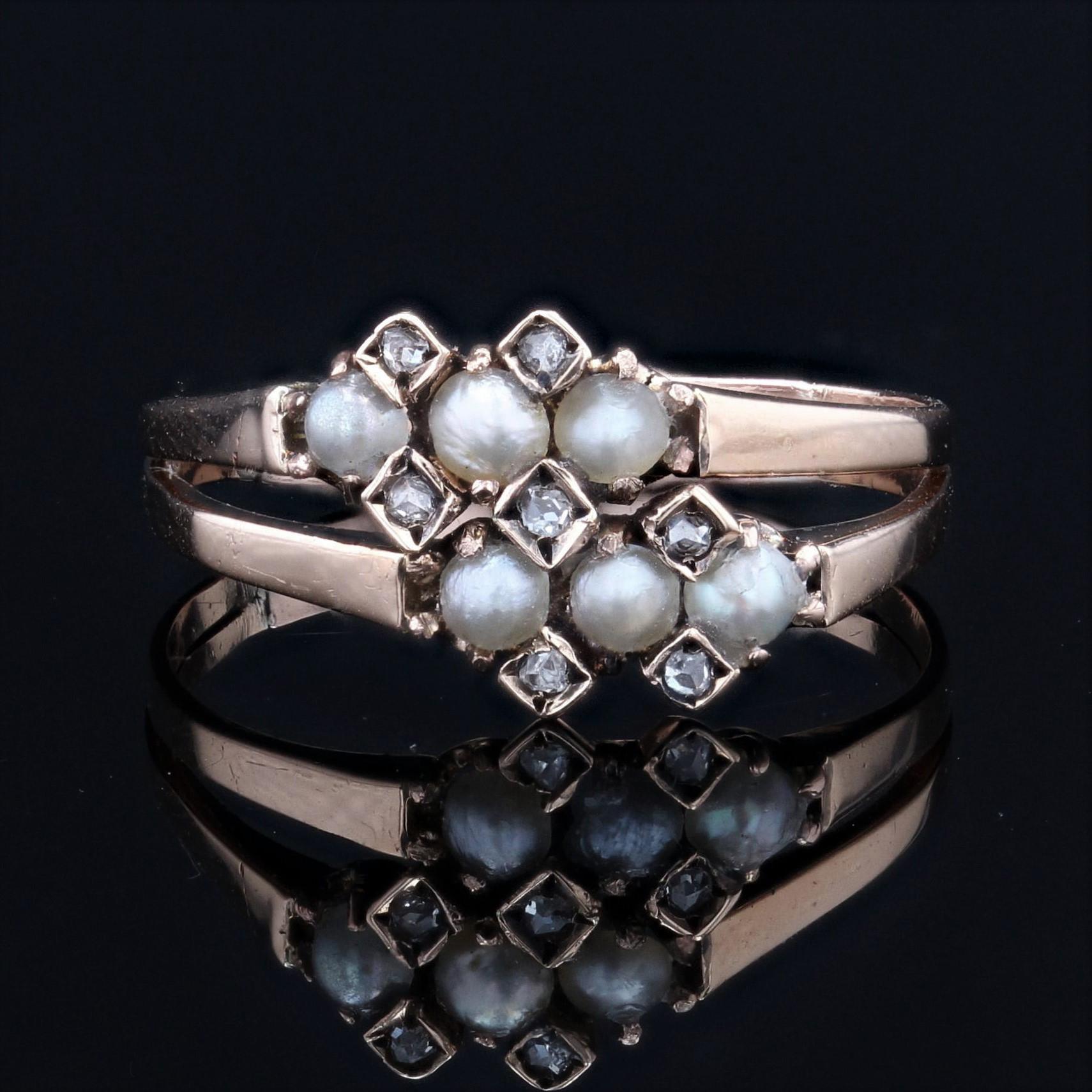 Napoleon III French 19th Century Natural Pearl Diamonds 18 Karat Rose Gold Double Ring For Sale
