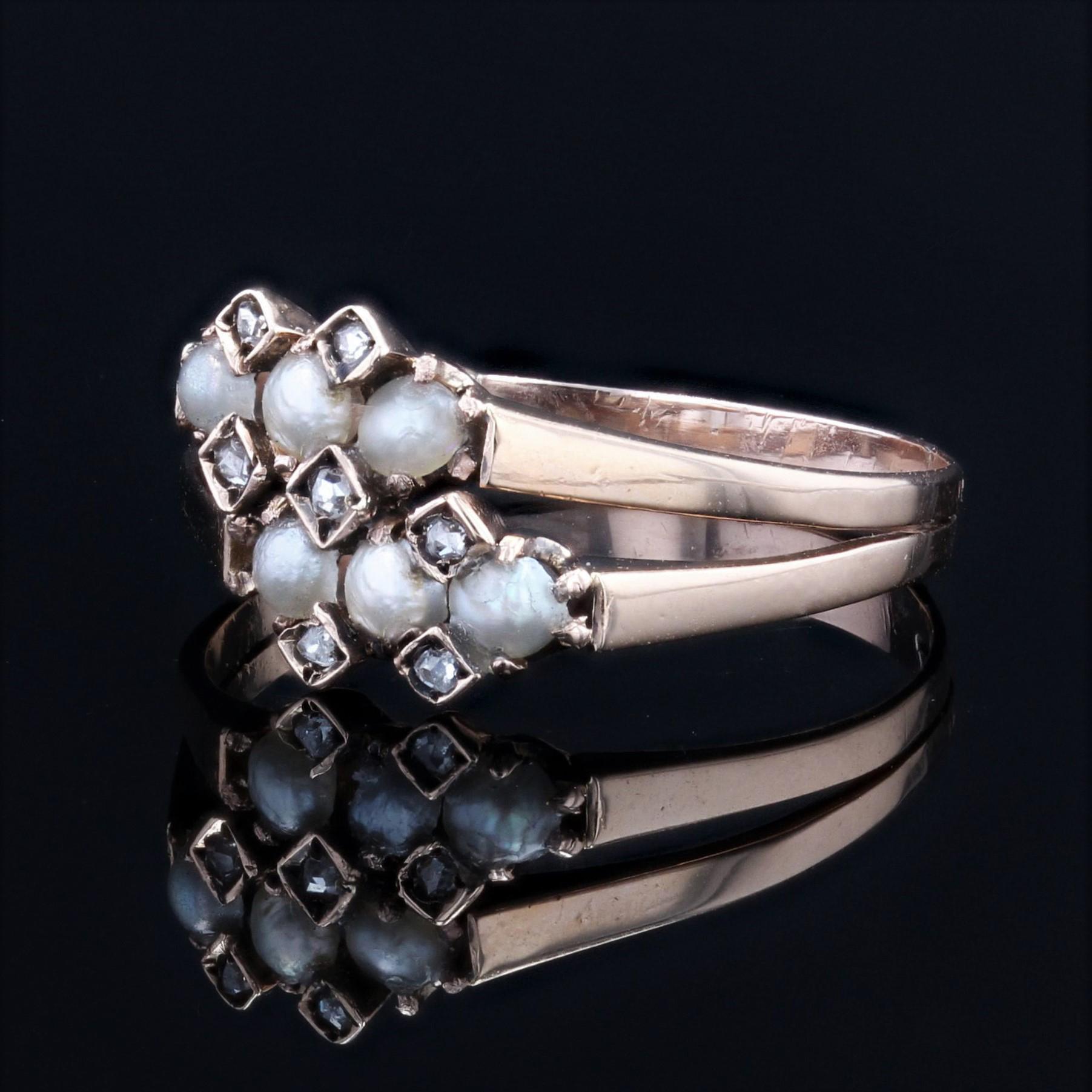 French 19th Century Natural Pearl Diamonds 18 Karat Rose Gold Double Ring In Good Condition For Sale In Poitiers, FR