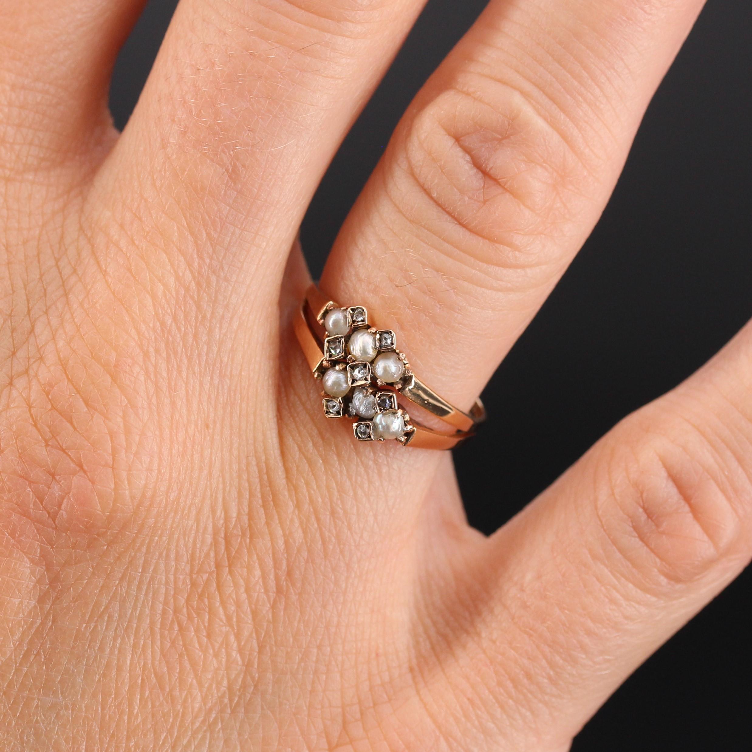 Bague double en or rose 18 carats avec perles naturelles et diamants du 19e siècle Pour femmes en vente