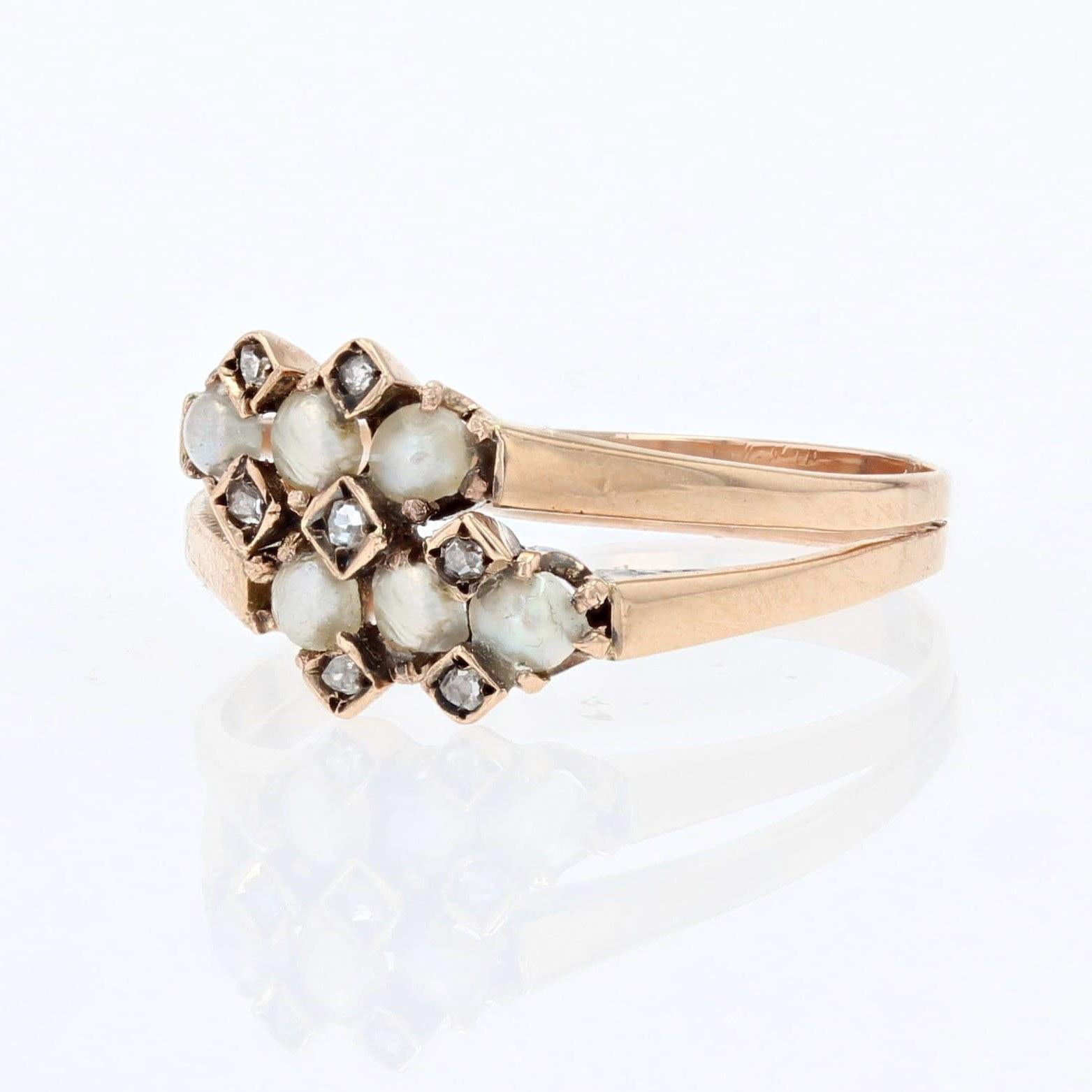 French 19th Century Natural Pearl Diamonds 18 Karat Rose Gold Double Ring For Sale 1