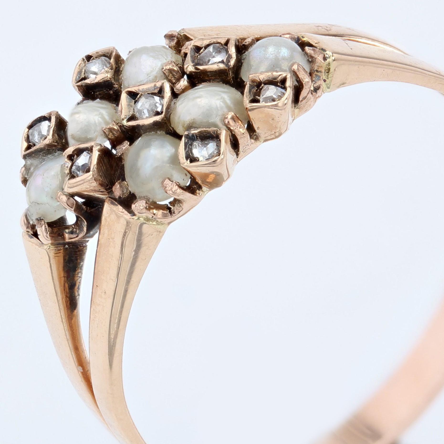 Bague double en or rose 18 carats avec perles naturelles et diamants du 19e siècle en vente 2