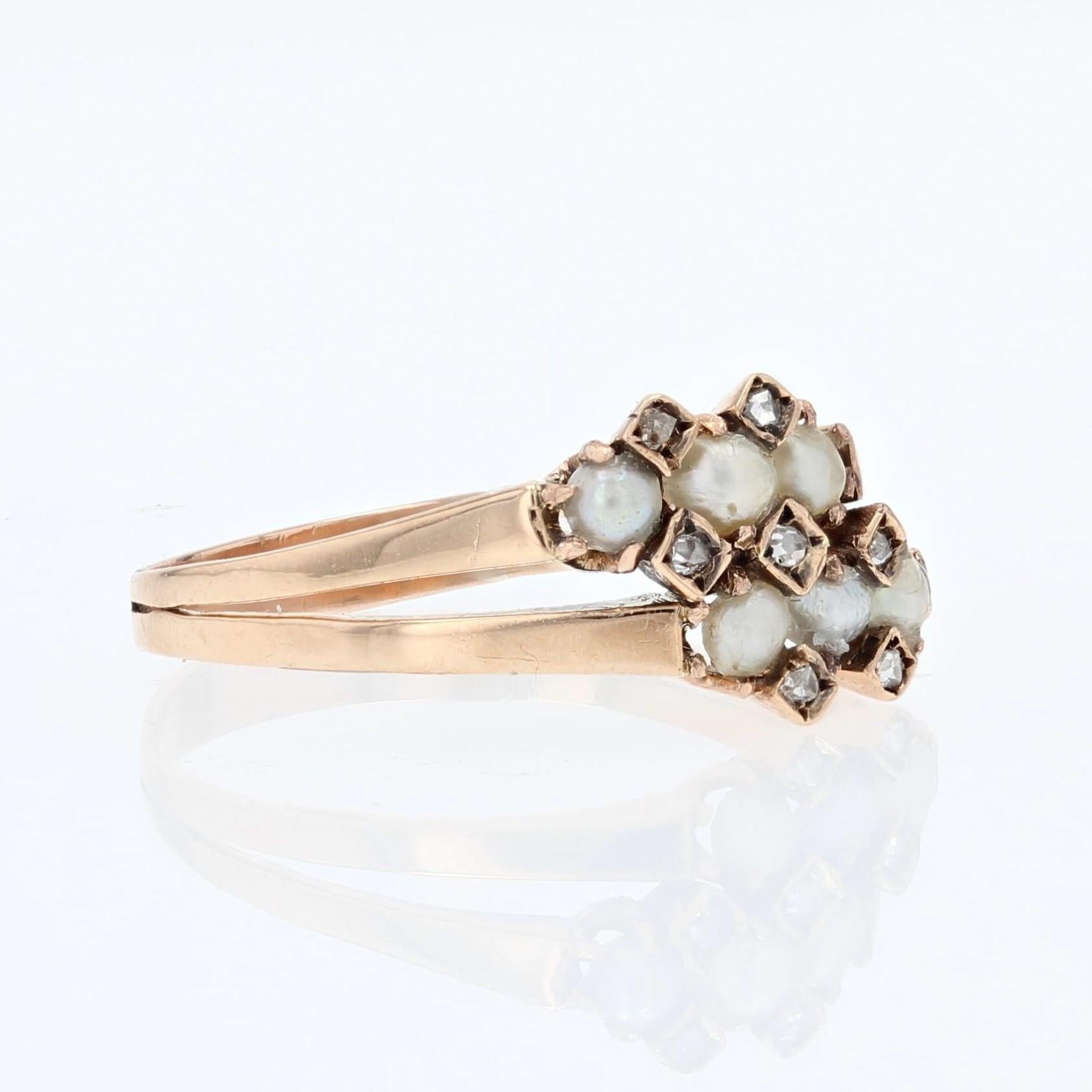 French 19th Century Natural Pearl Diamonds 18 Karat Rose Gold Double Ring For Sale 3