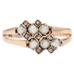 Antique French 19th Century Natural Pearl Diamonds 18 Karat Rose Gold Double Ring