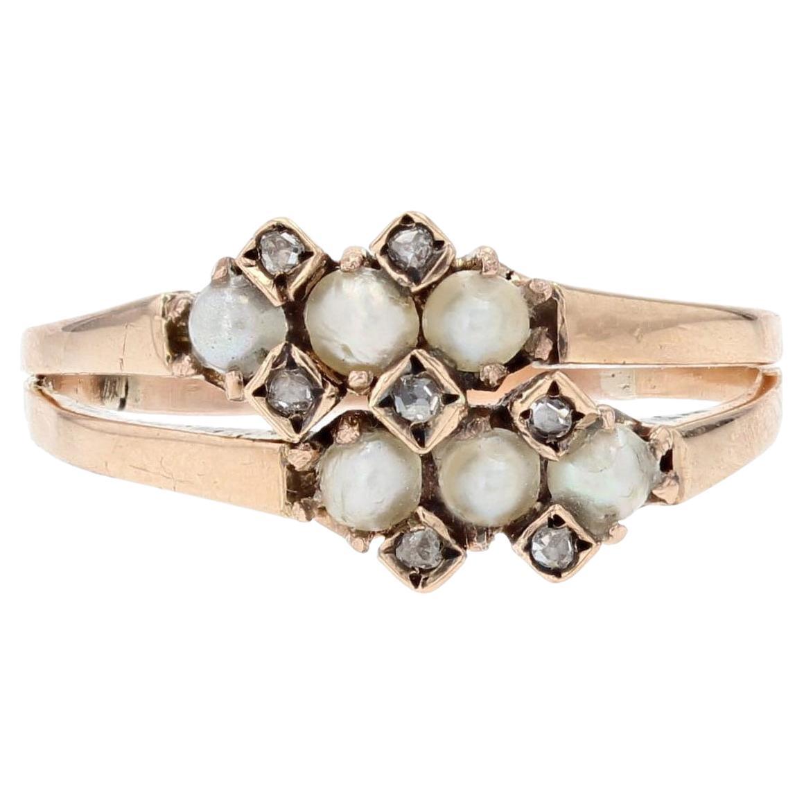 French 19th Century Natural Pearl Diamonds 18 Karat Rose Gold Double Ring For Sale