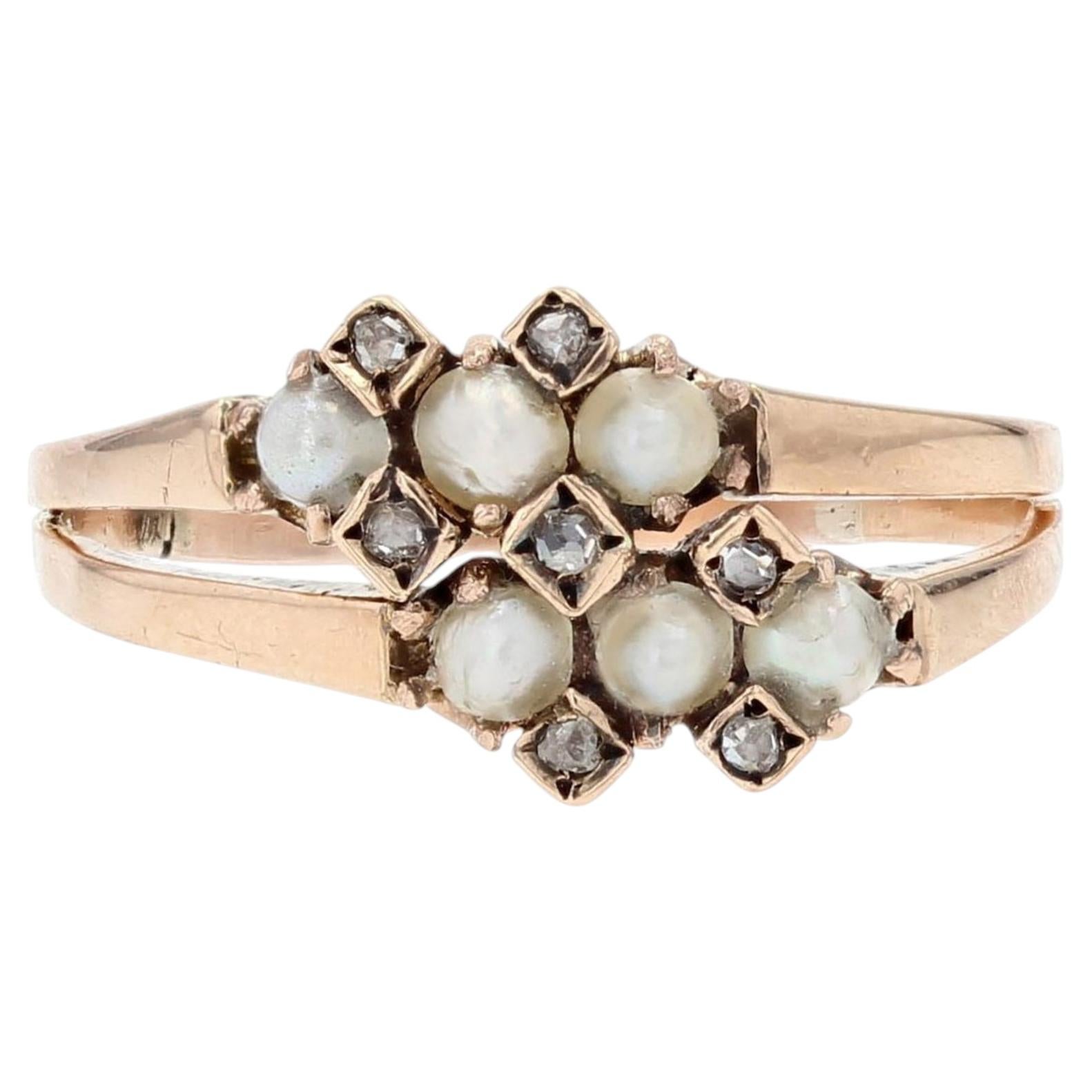 French 19th Century Natural Pearl Diamonds 18 Karat Rose Gold Double Ring For Sale