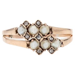 Bague double en or rose 18 carats avec perles naturelles et diamants du 19e siècle