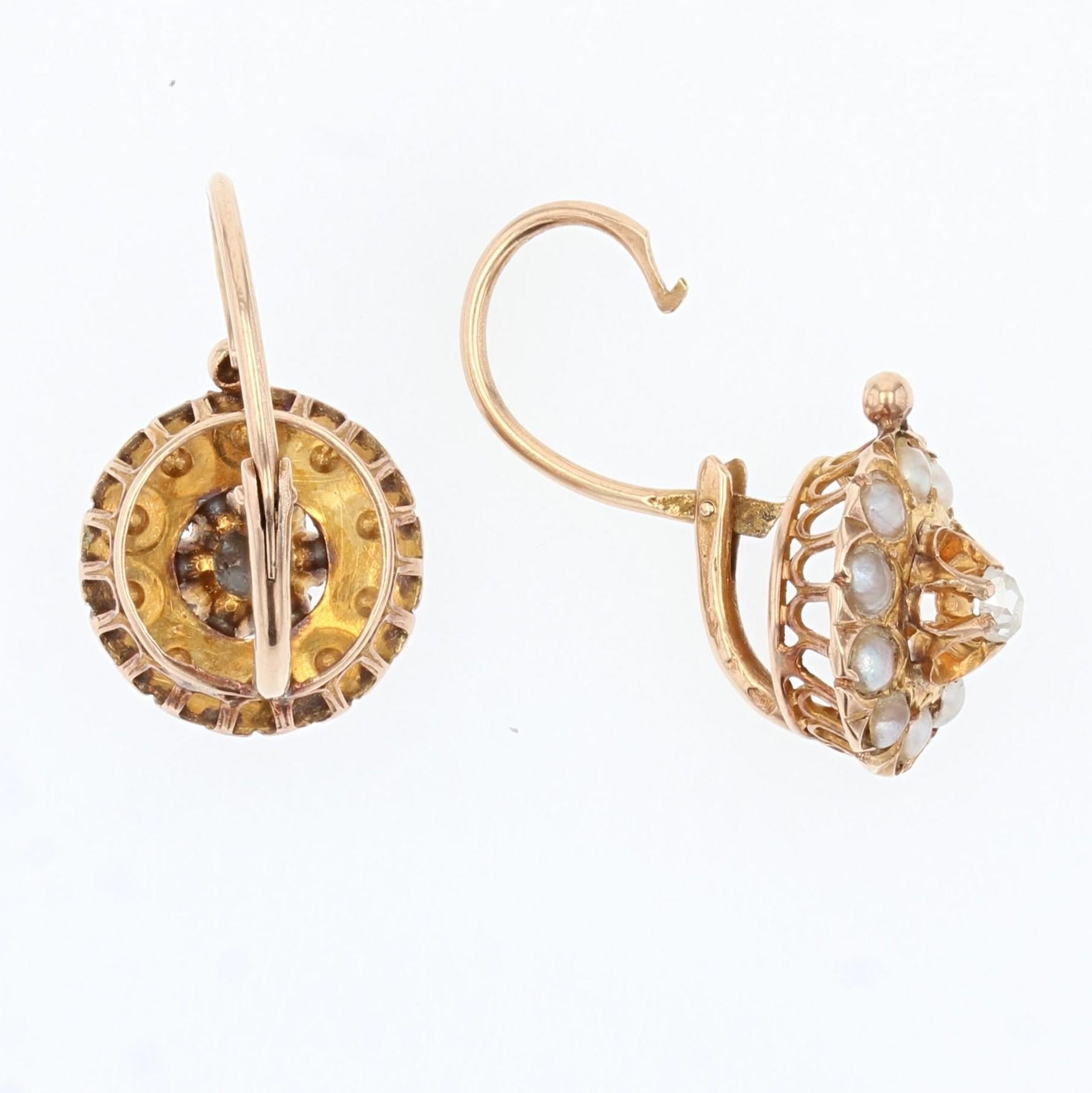 Napoleon III French 19th Century Natural Pearl Diamonds 18 Karat Rose Gold Earrings