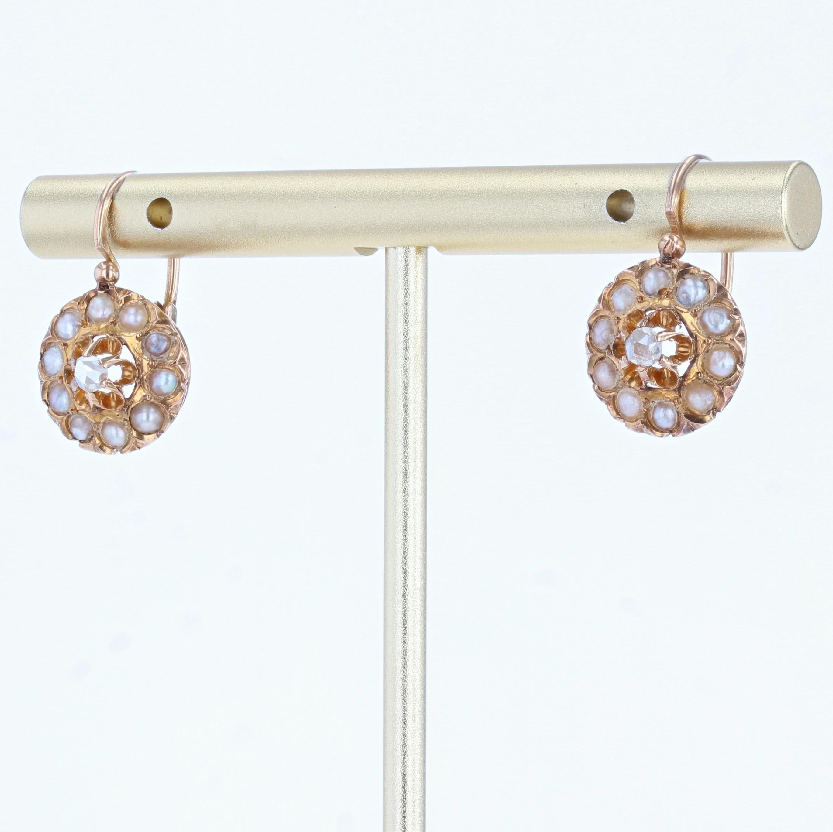 French 19th Century Natural Pearl Diamonds 18 Karat Rose Gold Earrings In Good Condition In Poitiers, FR