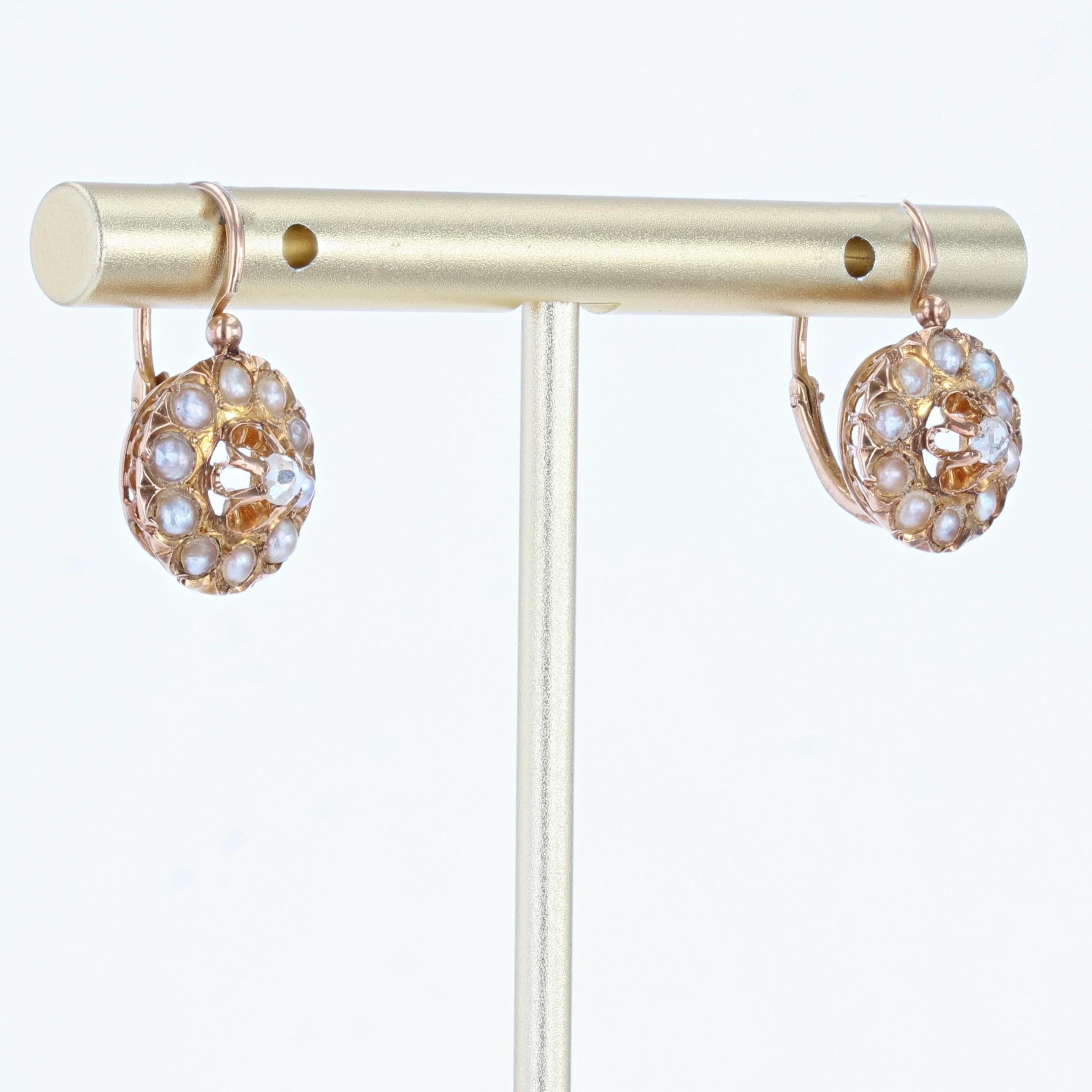 Women's French 19th Century Natural Pearl Diamonds 18 Karat Rose Gold Earrings