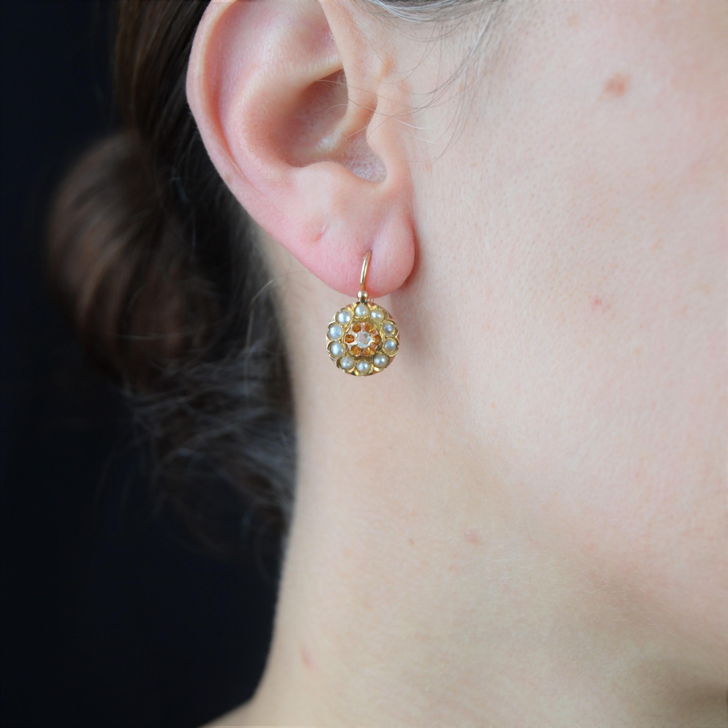 French 19th Century Natural Pearl Diamonds 18 Karat Rose Gold Earrings 1