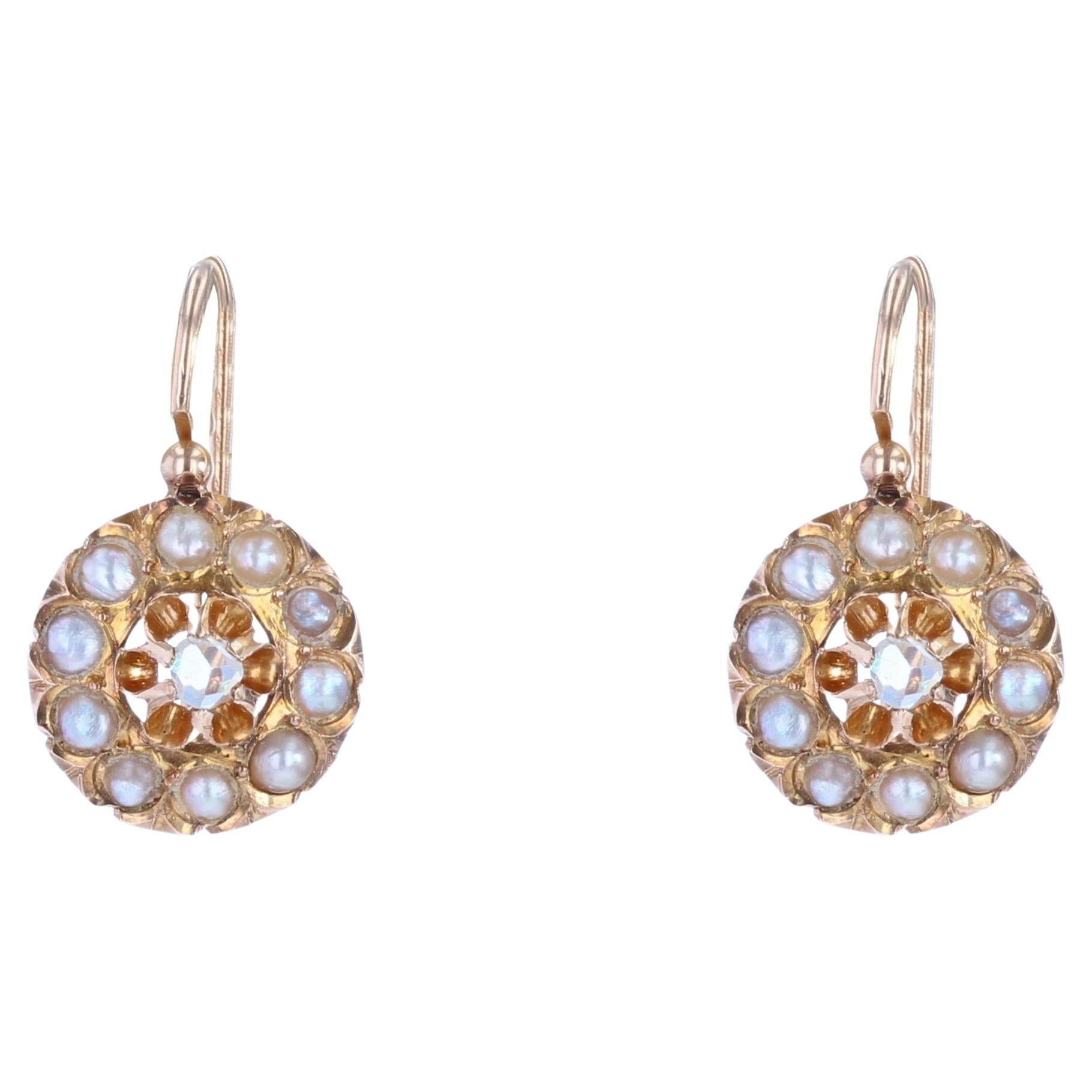 French 19th Century Natural Pearl Diamonds 18 Karat Rose Gold Earrings