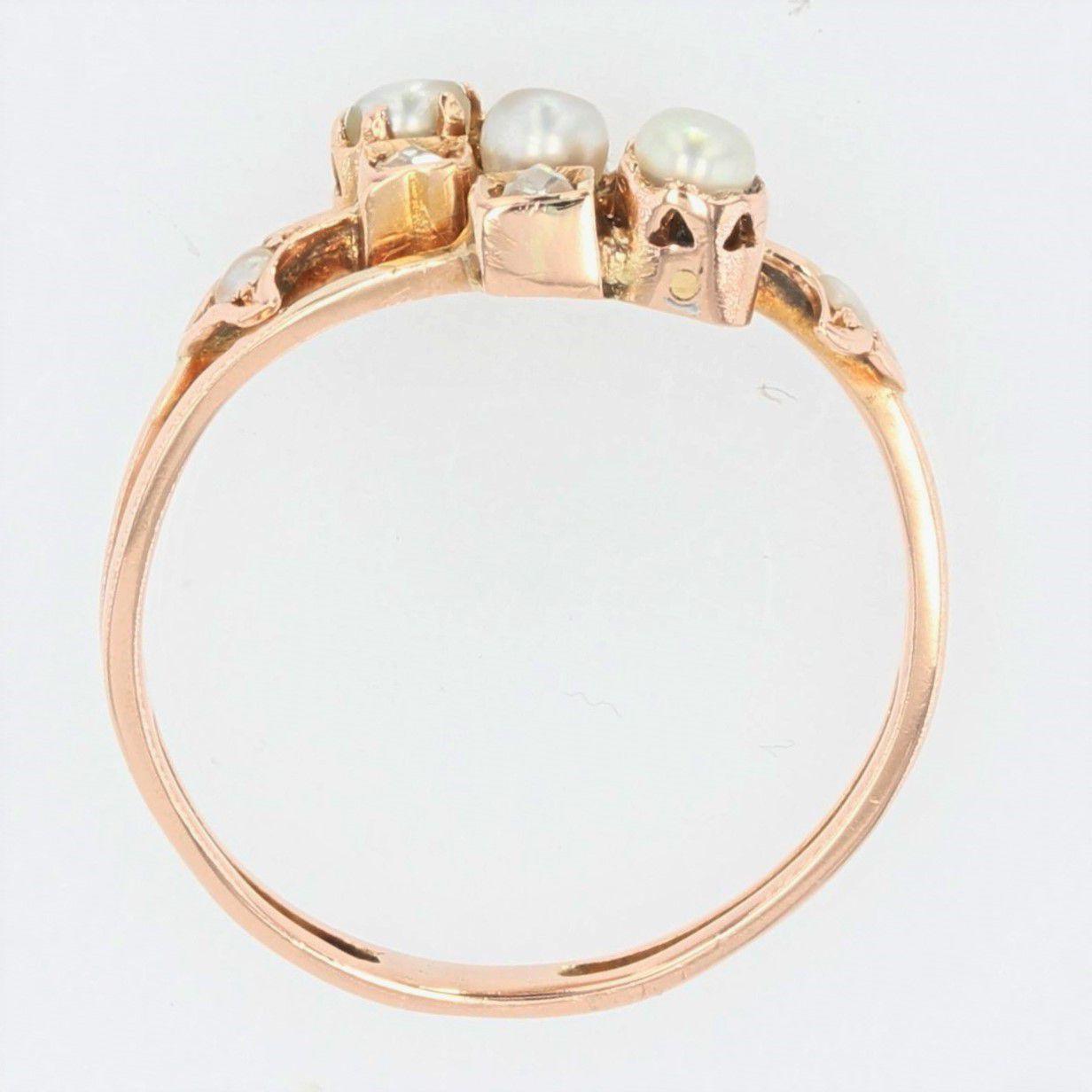French 19th Century Natural Pearl Diamonds 18 Karat Rose Gold Ring 5
