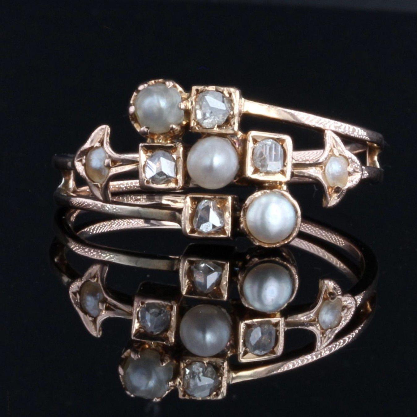 Napoleon III French 19th Century Natural Pearl Diamonds 18 Karat Rose Gold Ring