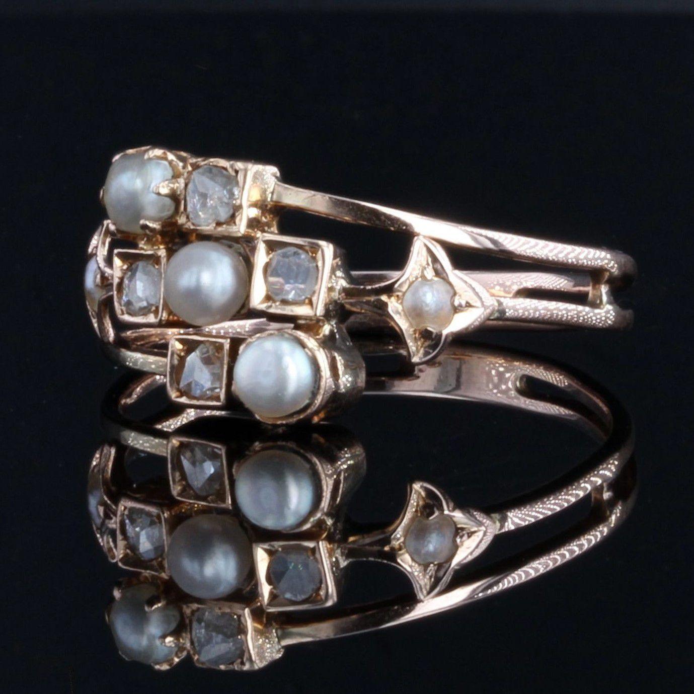 Bead French 19th Century Natural Pearl Diamonds 18 Karat Rose Gold Ring