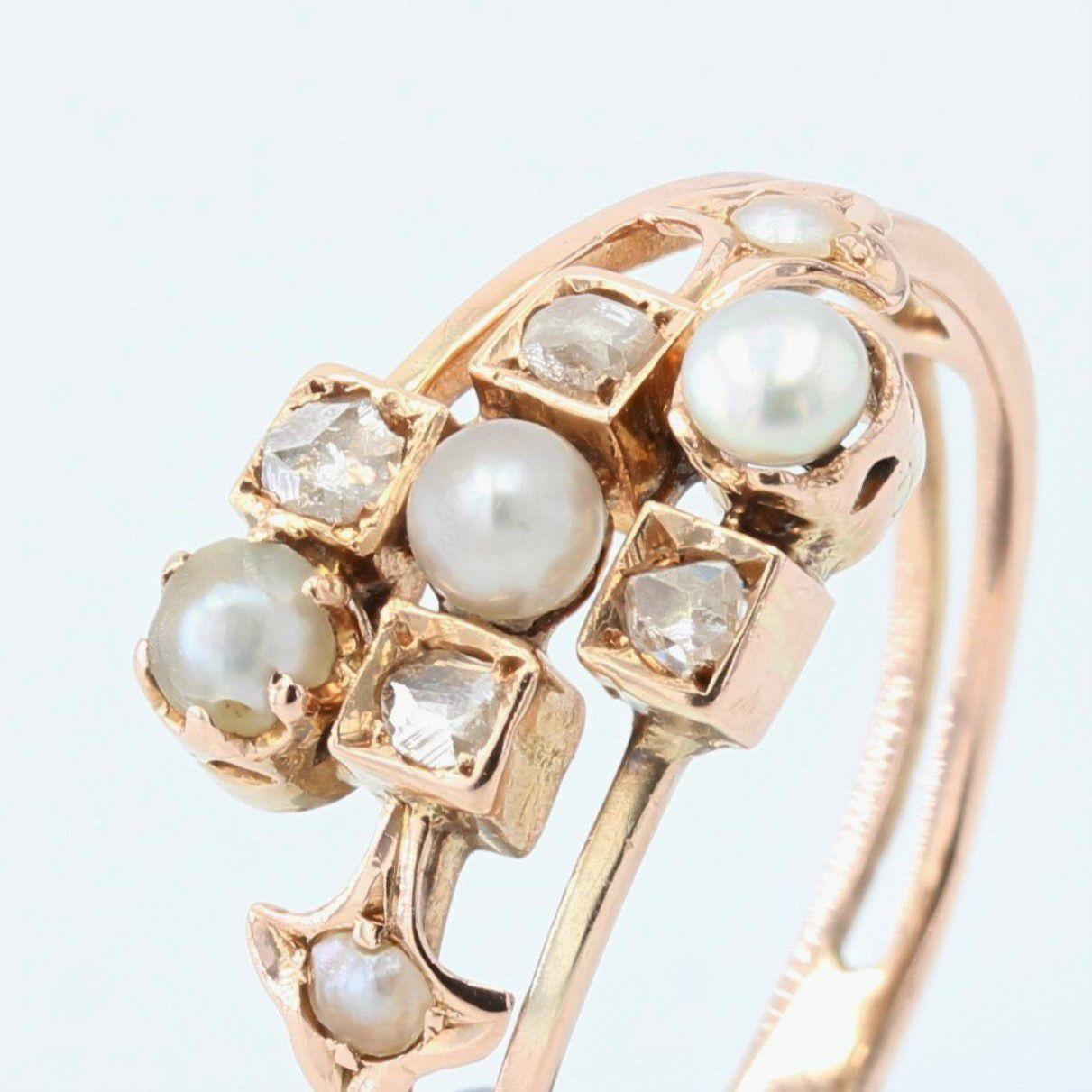 French 19th Century Natural Pearl Diamonds 18 Karat Rose Gold Ring 1