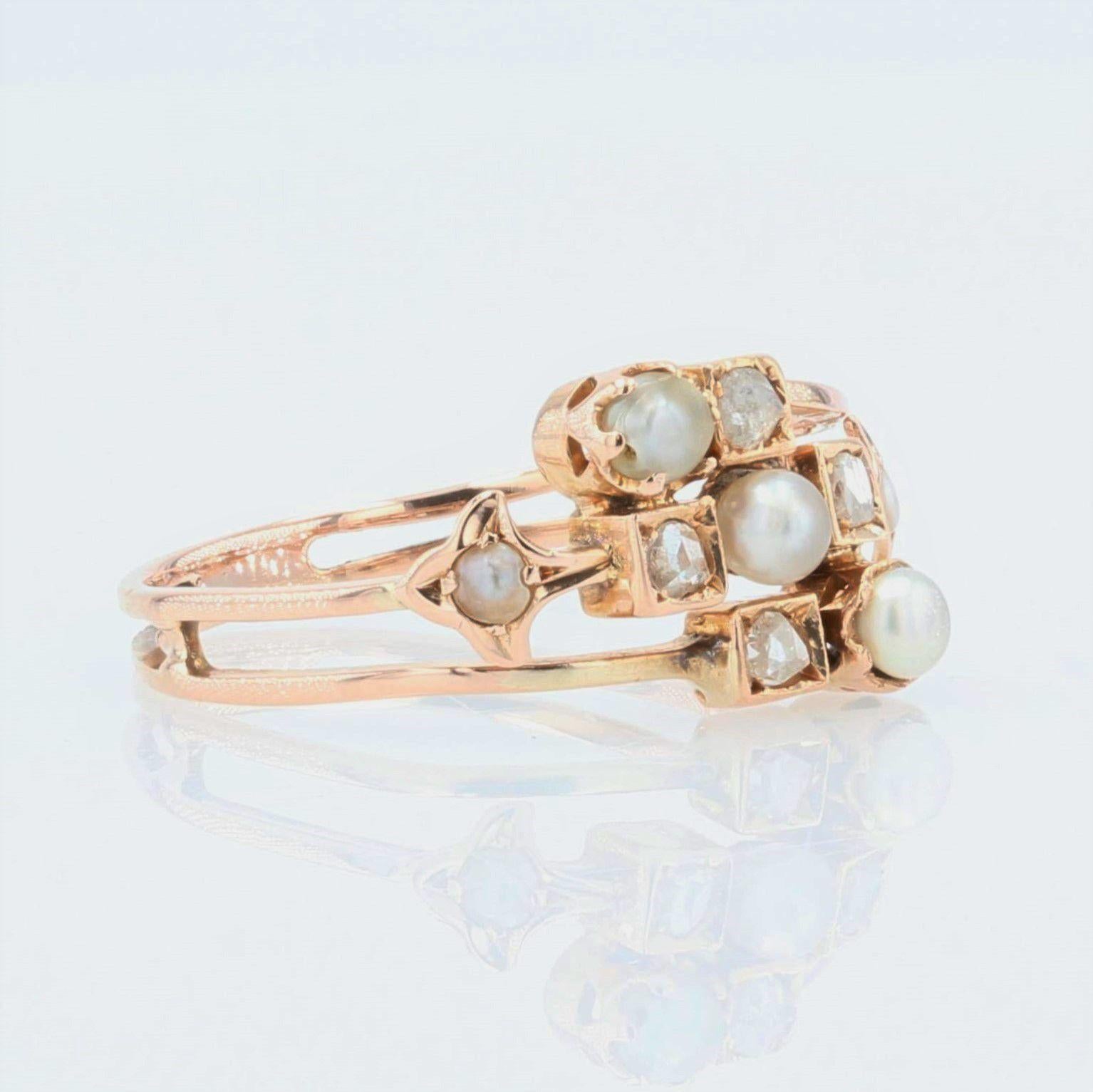 French 19th Century Natural Pearl Diamonds 18 Karat Rose Gold Ring 2