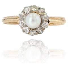 Antique French 19th Century Natural Pearl Diamonds Daisy Ring